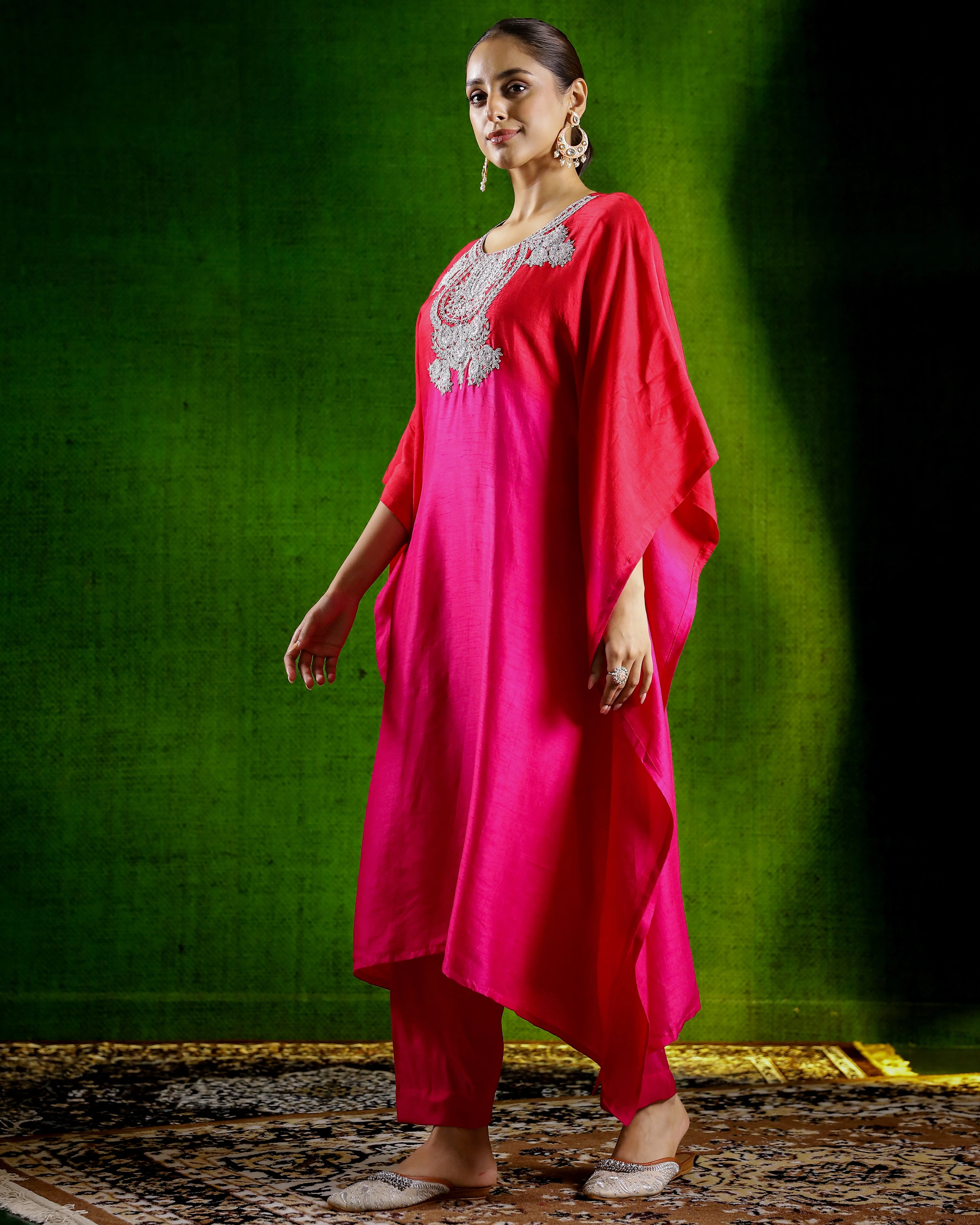 Pink Embellished Raw Silk Kaftan Set - Image 4