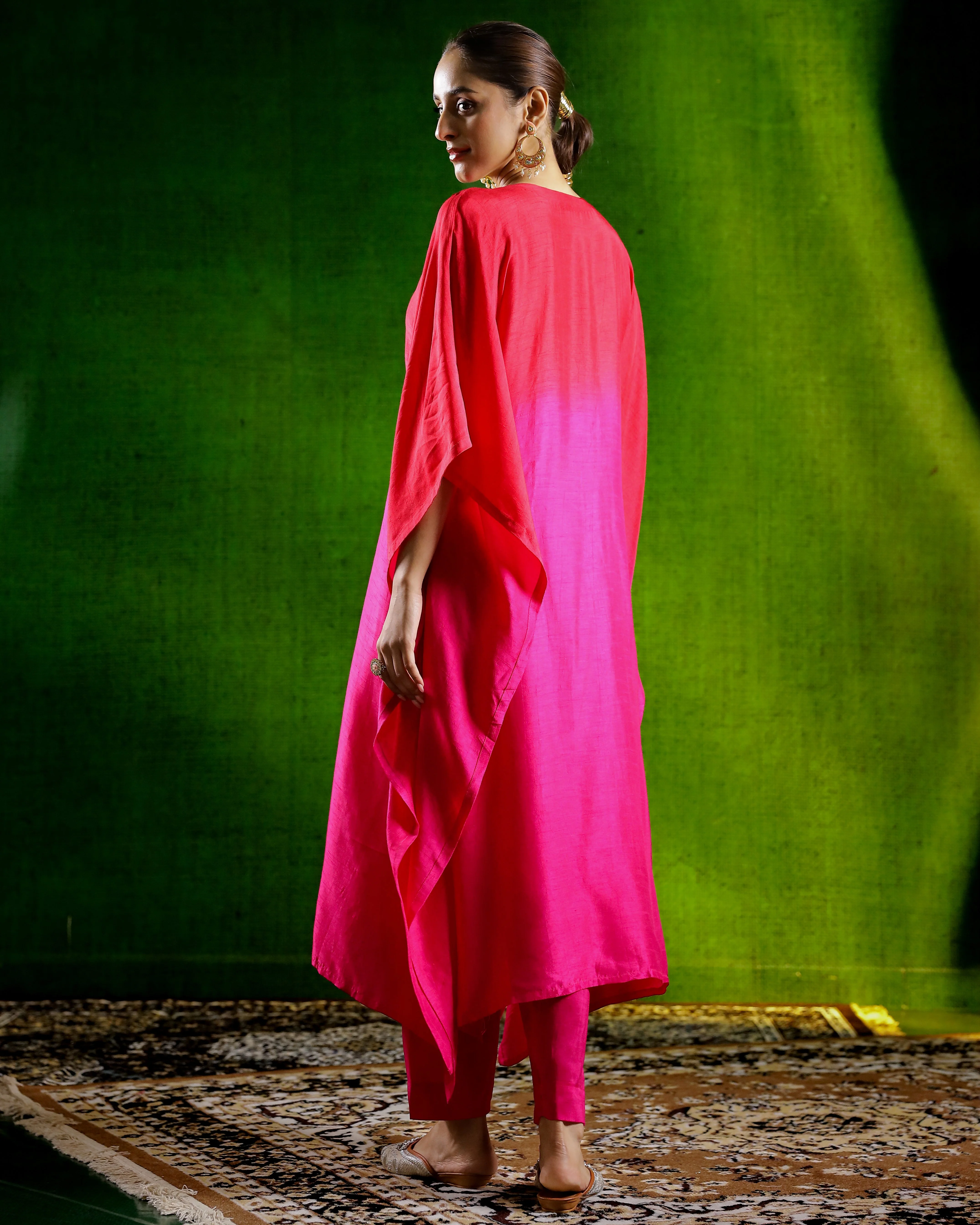 Pink Embellished Raw Silk Kaftan Set - Image 5