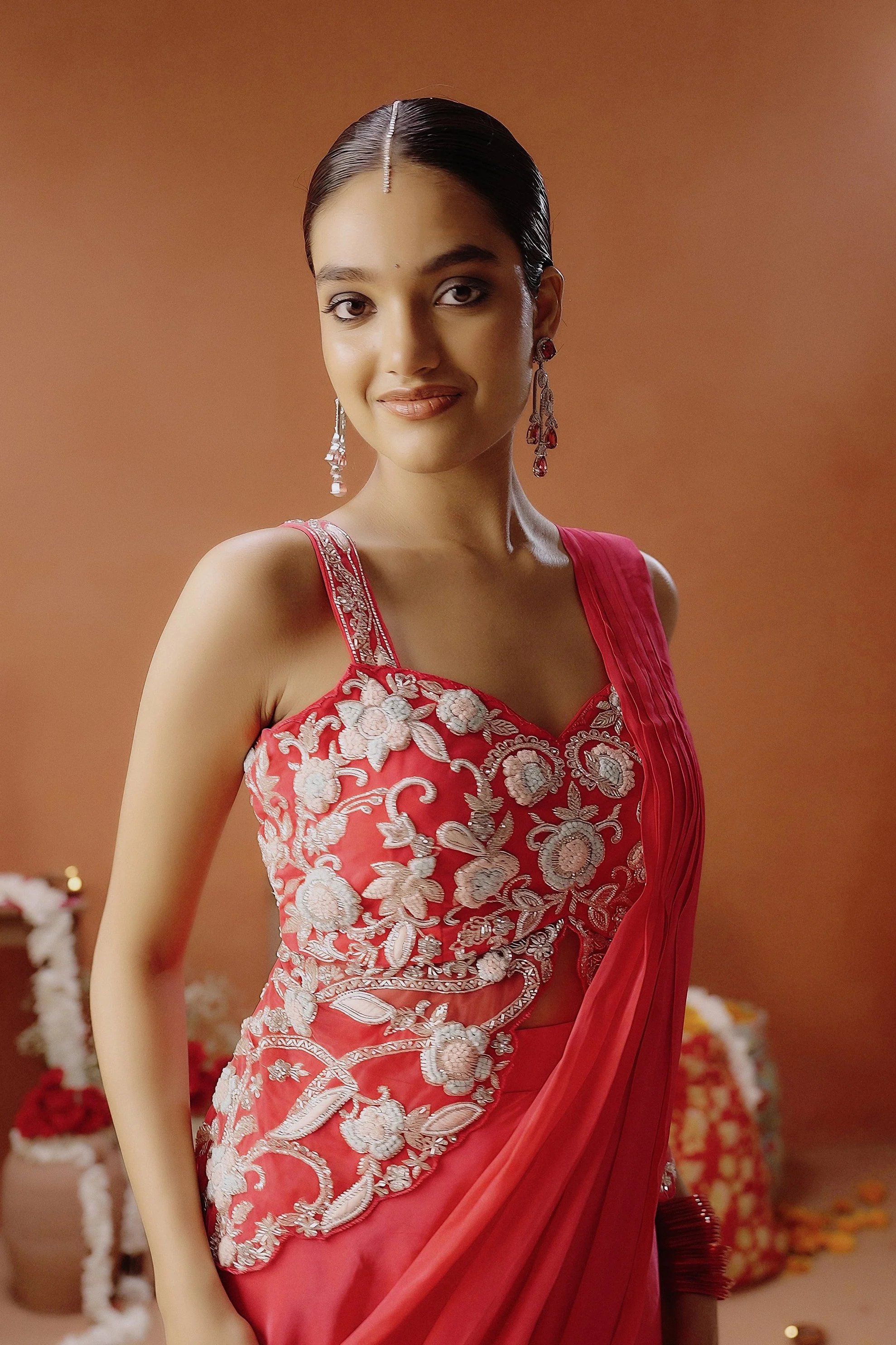 Hot Pink Embellished Satin Silk Draped Saree - Image 3