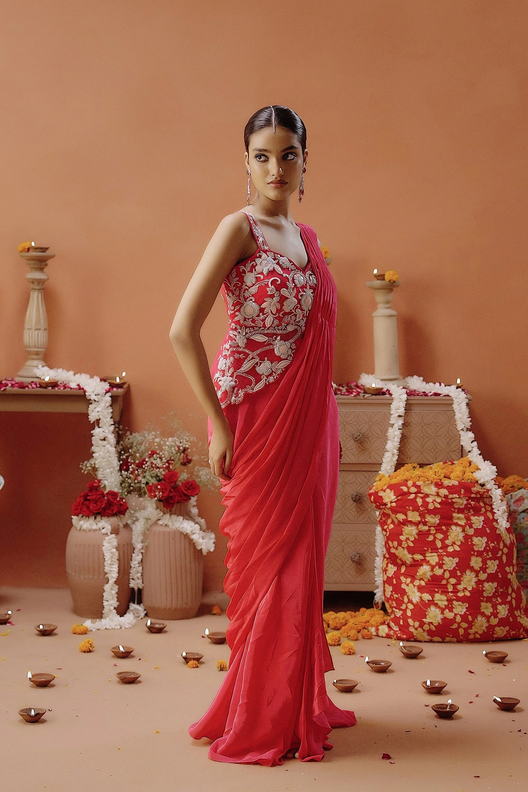 Hot Pink Embellished Satin Silk Draped Saree - Image 4