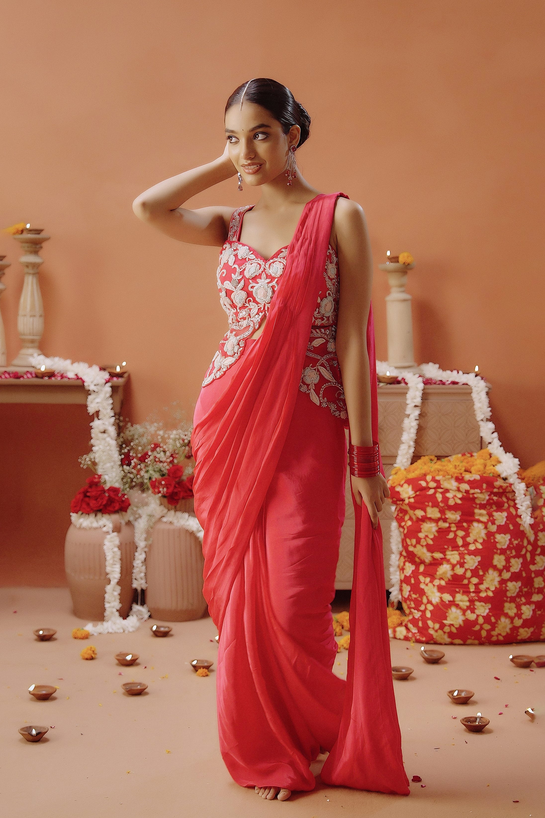 Hot Pink Embellished Satin Silk Draped Saree - Image 5