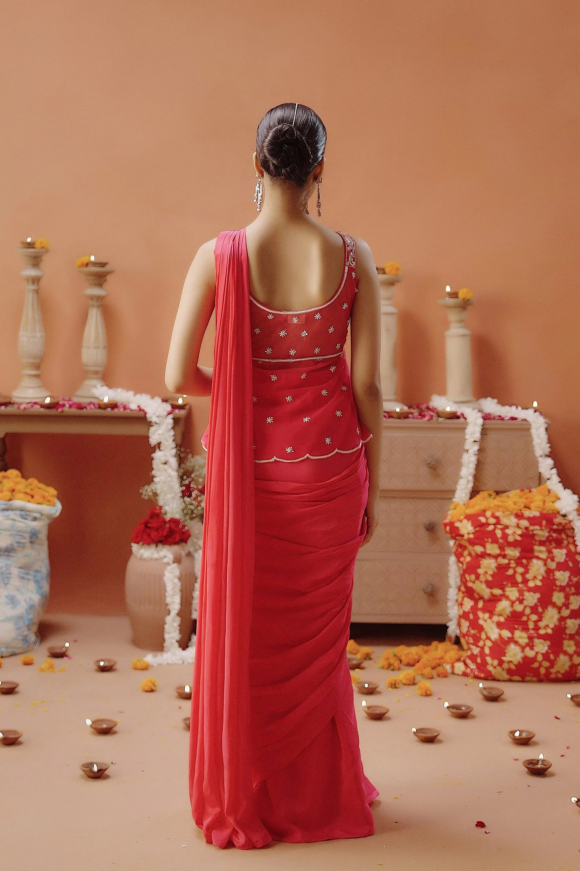 Hot Pink Embellished Satin Silk Draped Saree - Image 6