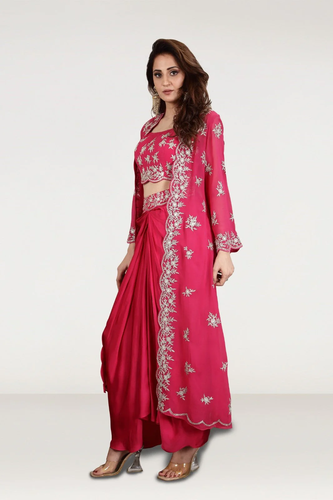 Fuchsia Pink Embellished Satin Silk Draped Skirt Set - Image 3