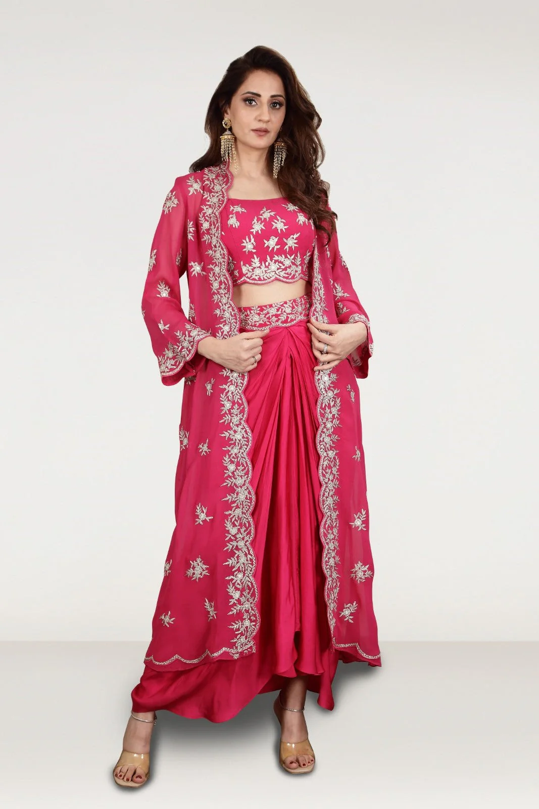Fuchsia Pink Embellished Satin Silk Draped Skirt Set - Image 4