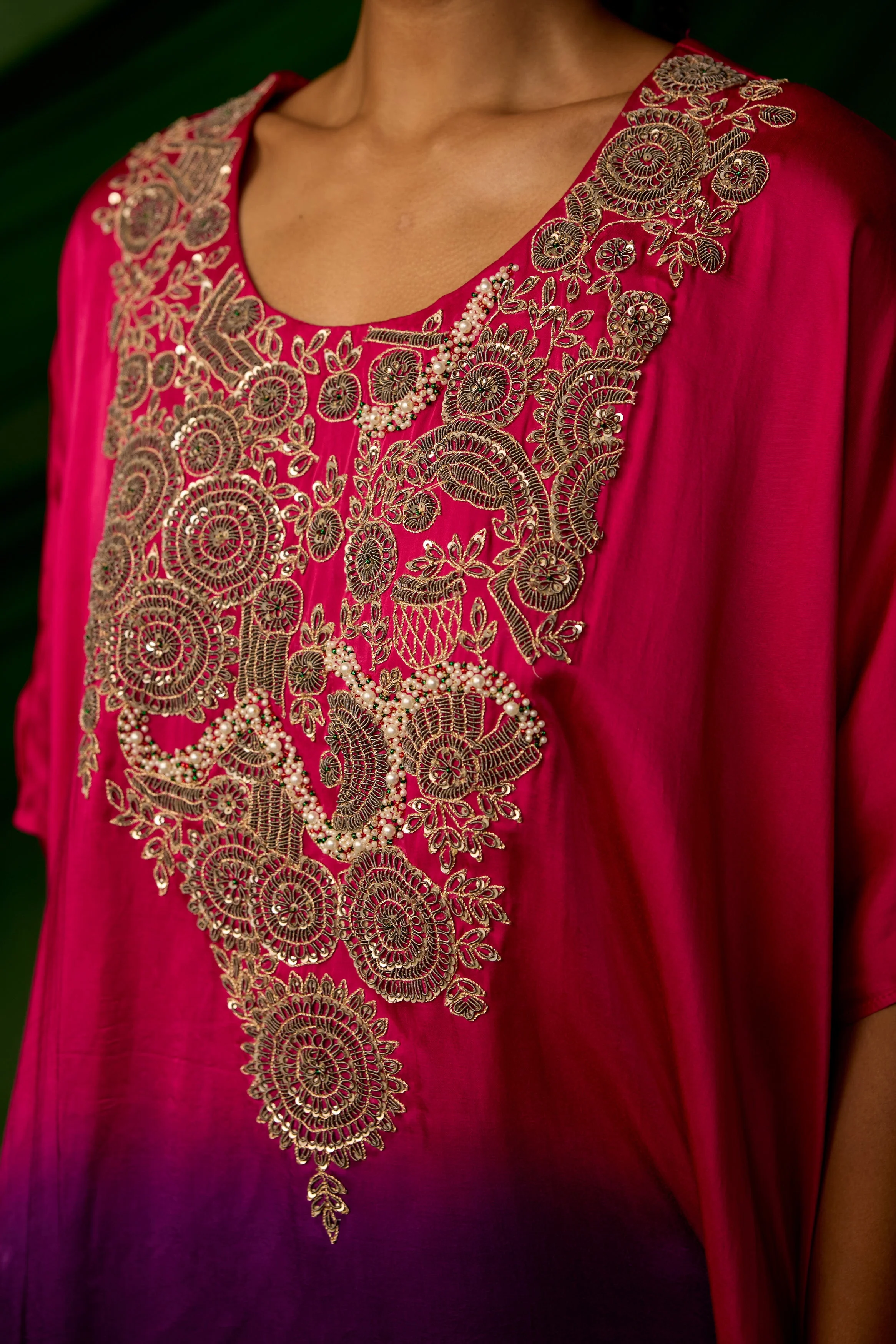 Pink Embellished Satin Silk Kaftan Set - Image 2