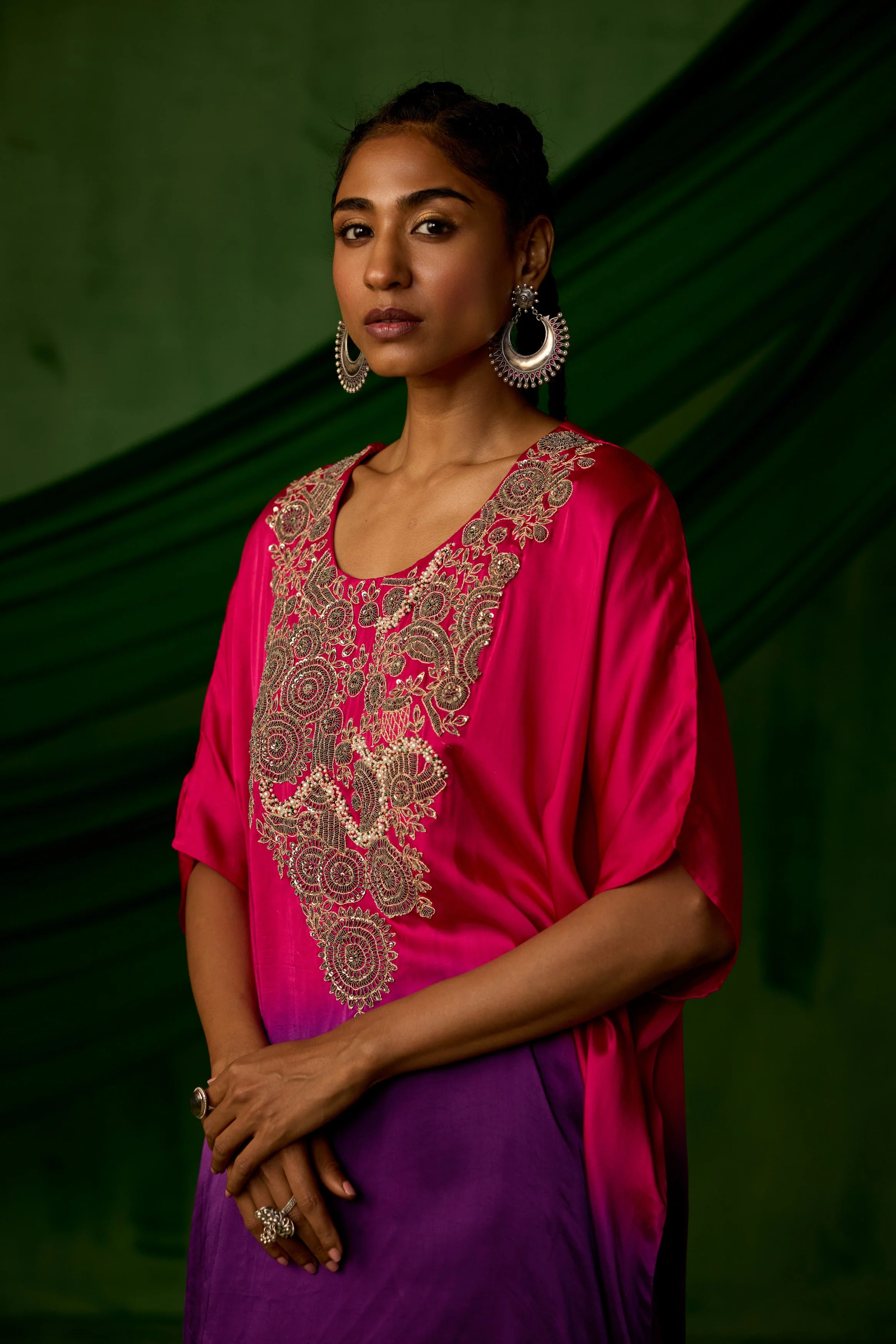 Pink Embellished Satin Silk Kaftan Set - Image 3