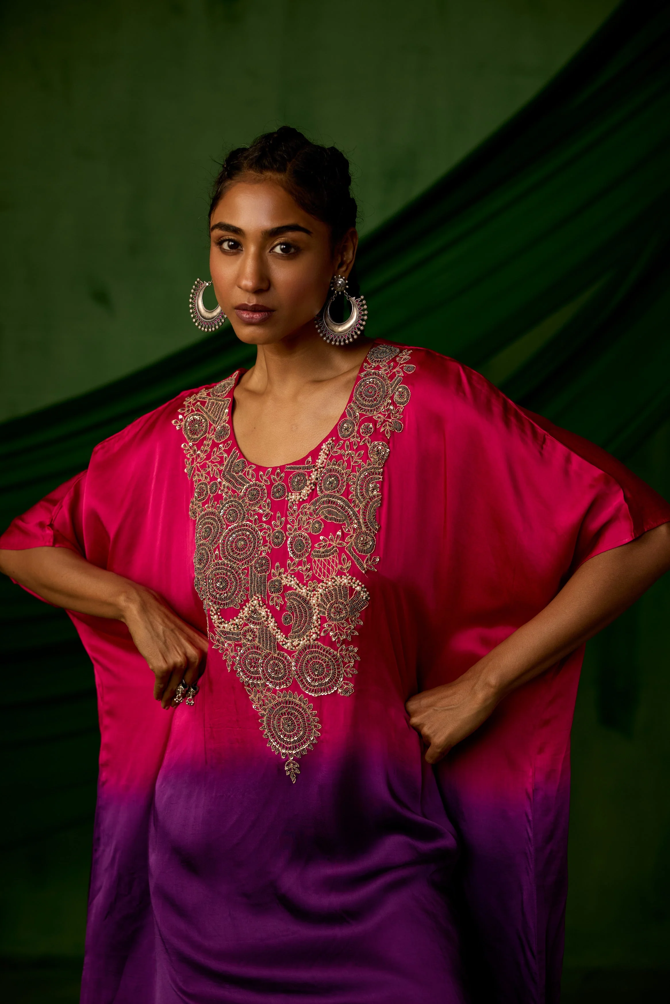 Pink Embellished Satin Silk Kaftan Set - Image 4
