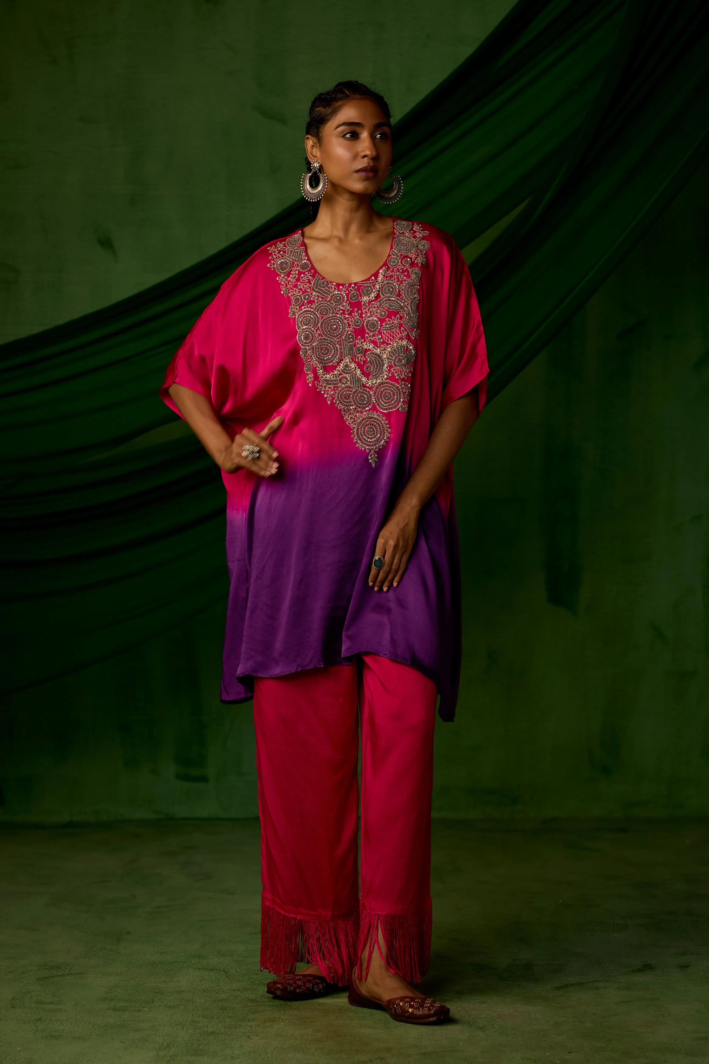 Pink Embellished Satin Silk Kaftan Set - Image 5
