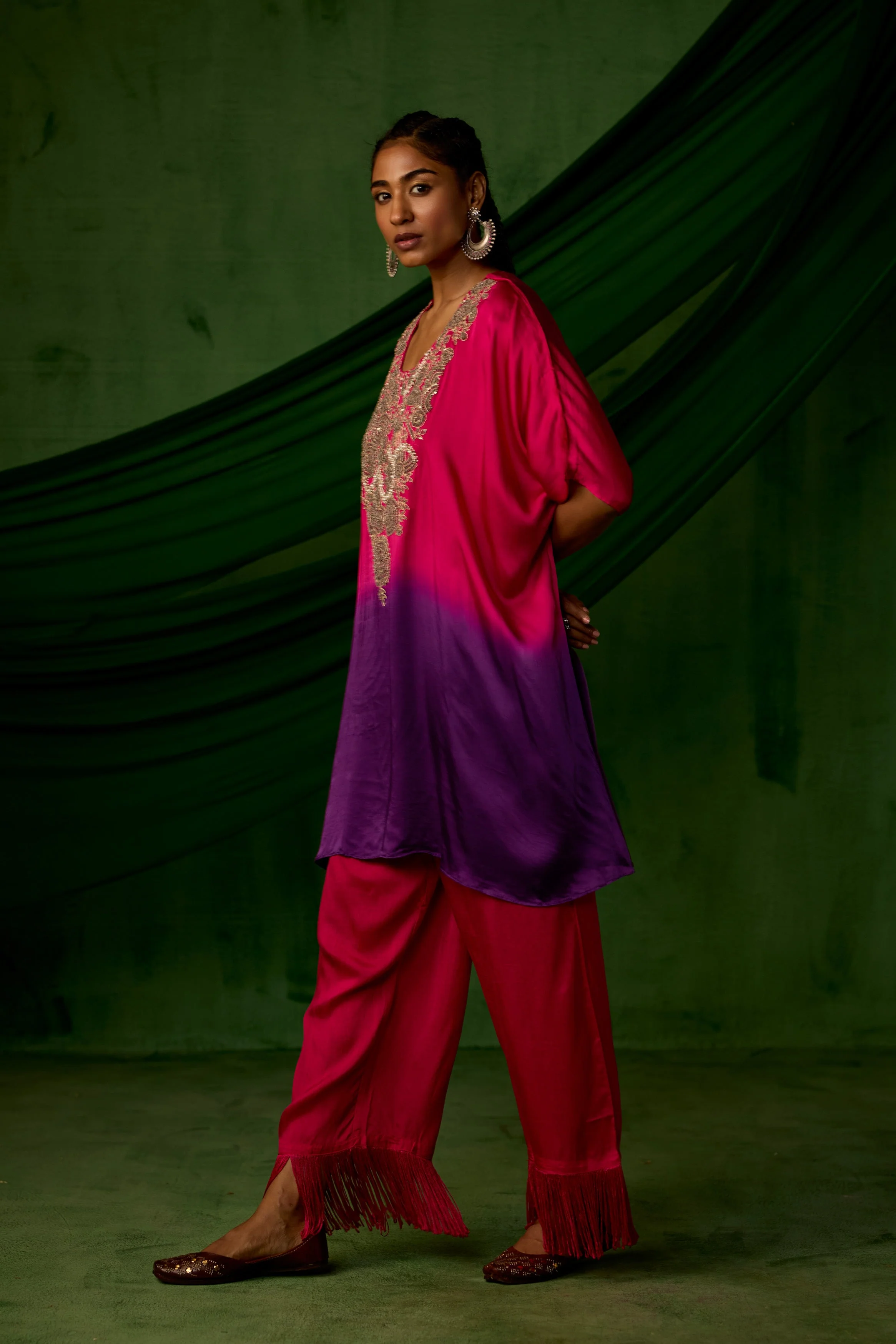 Pink Embellished Satin Silk Kaftan Set - Image 6