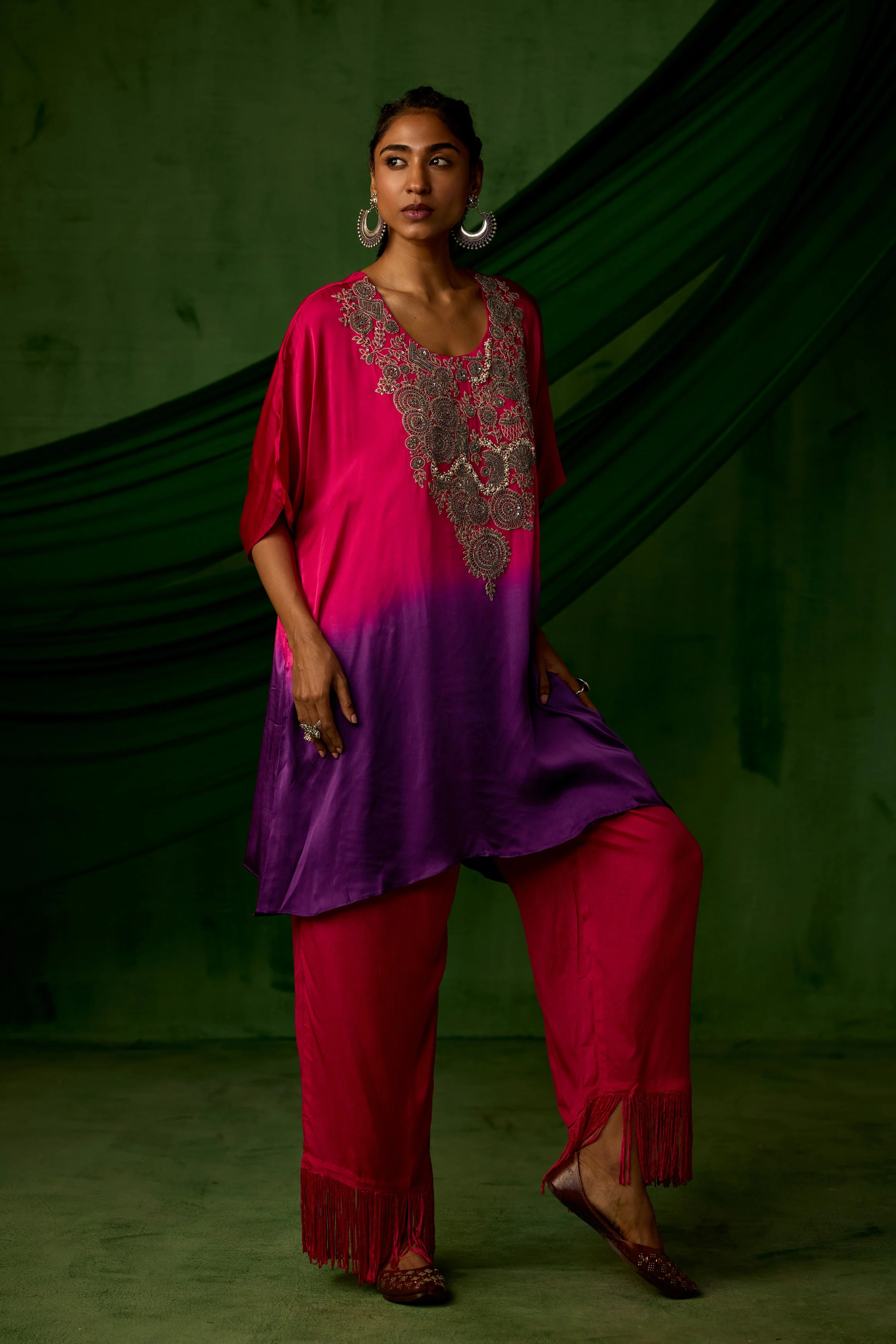 Pink Embellished Satin Silk Kaftan Set - Image 7