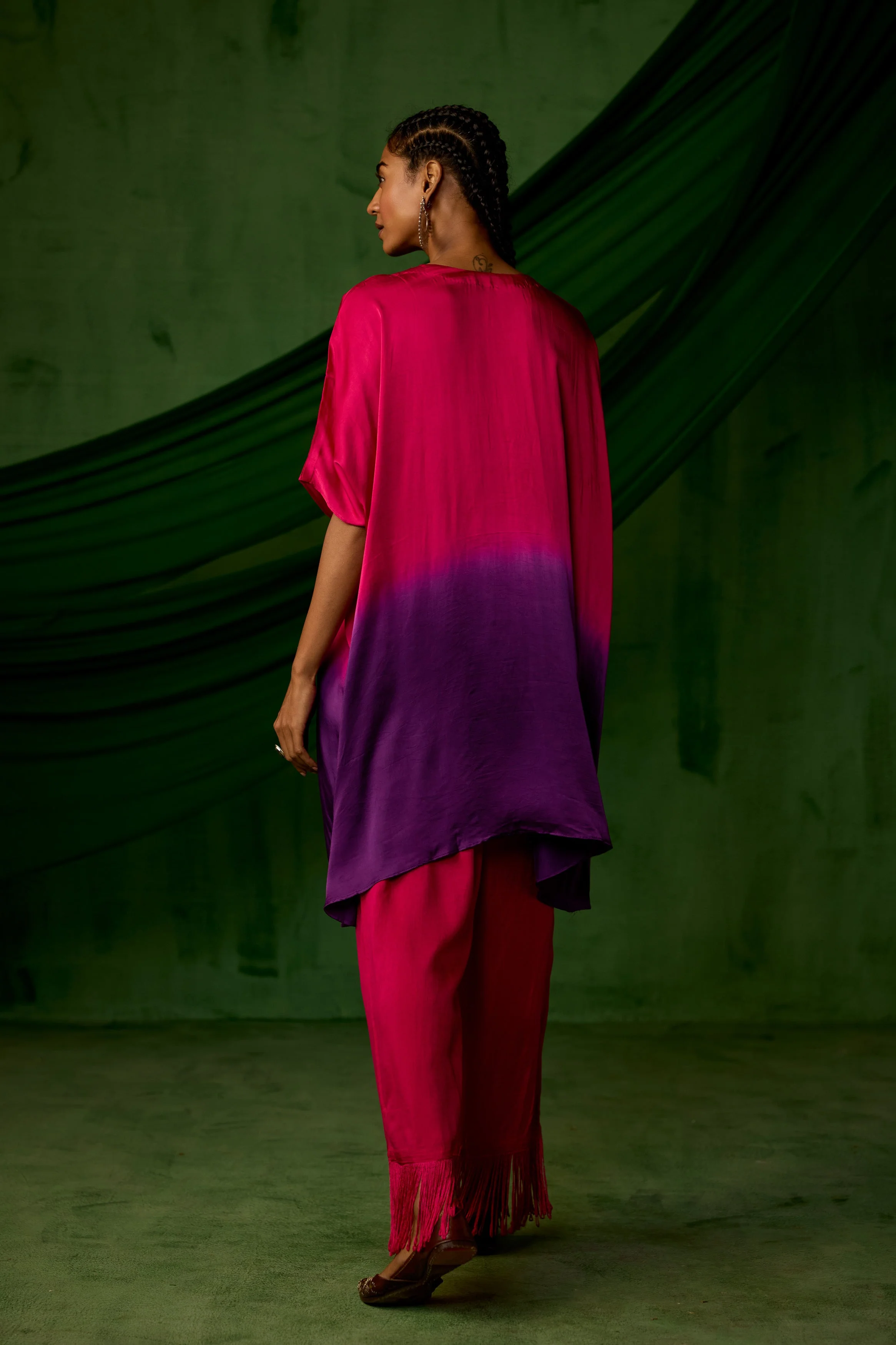 Pink Embellished Satin Silk Kaftan Set - Image 8