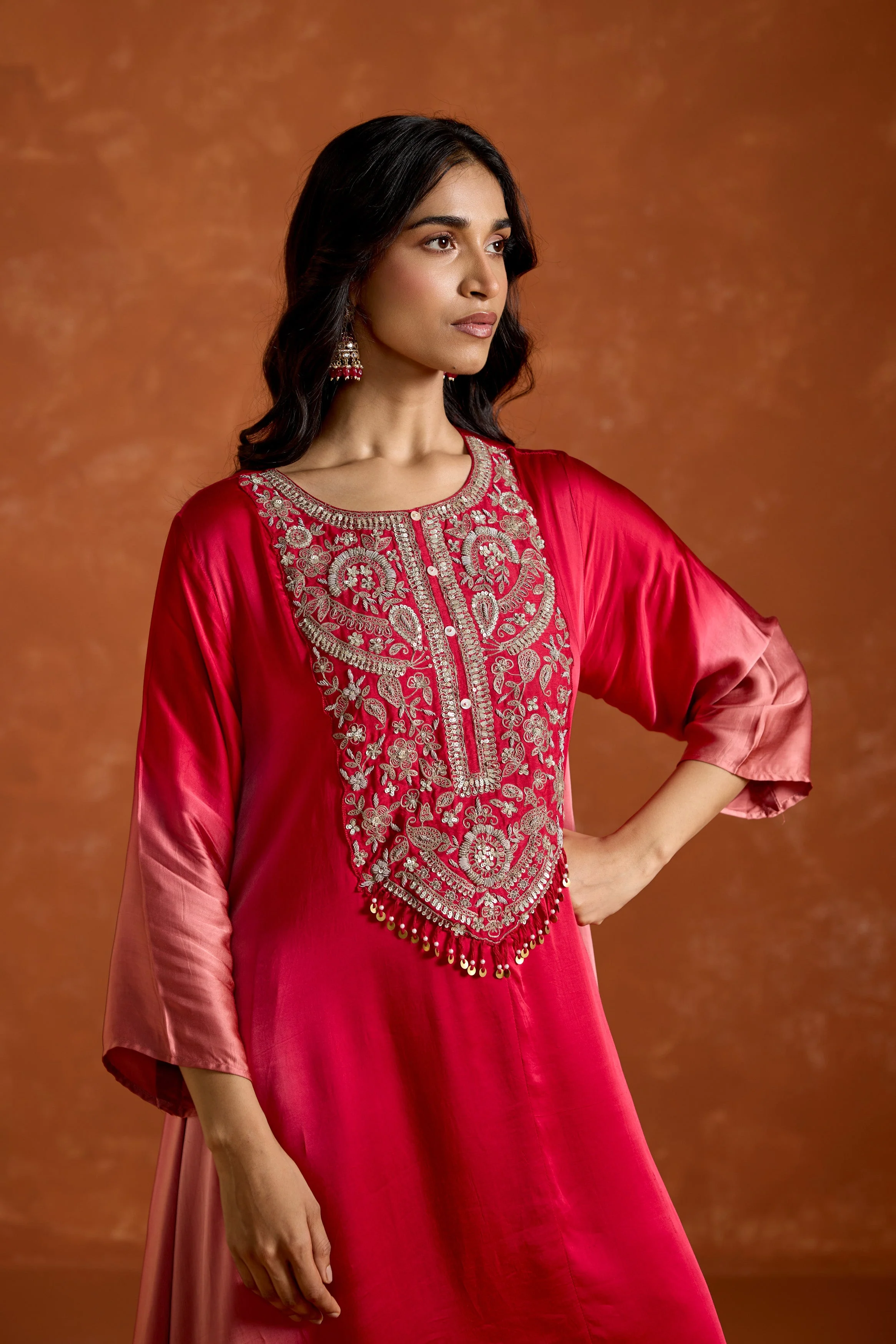 Pink Embellished Satin Silk Palazzo Set - Image 3