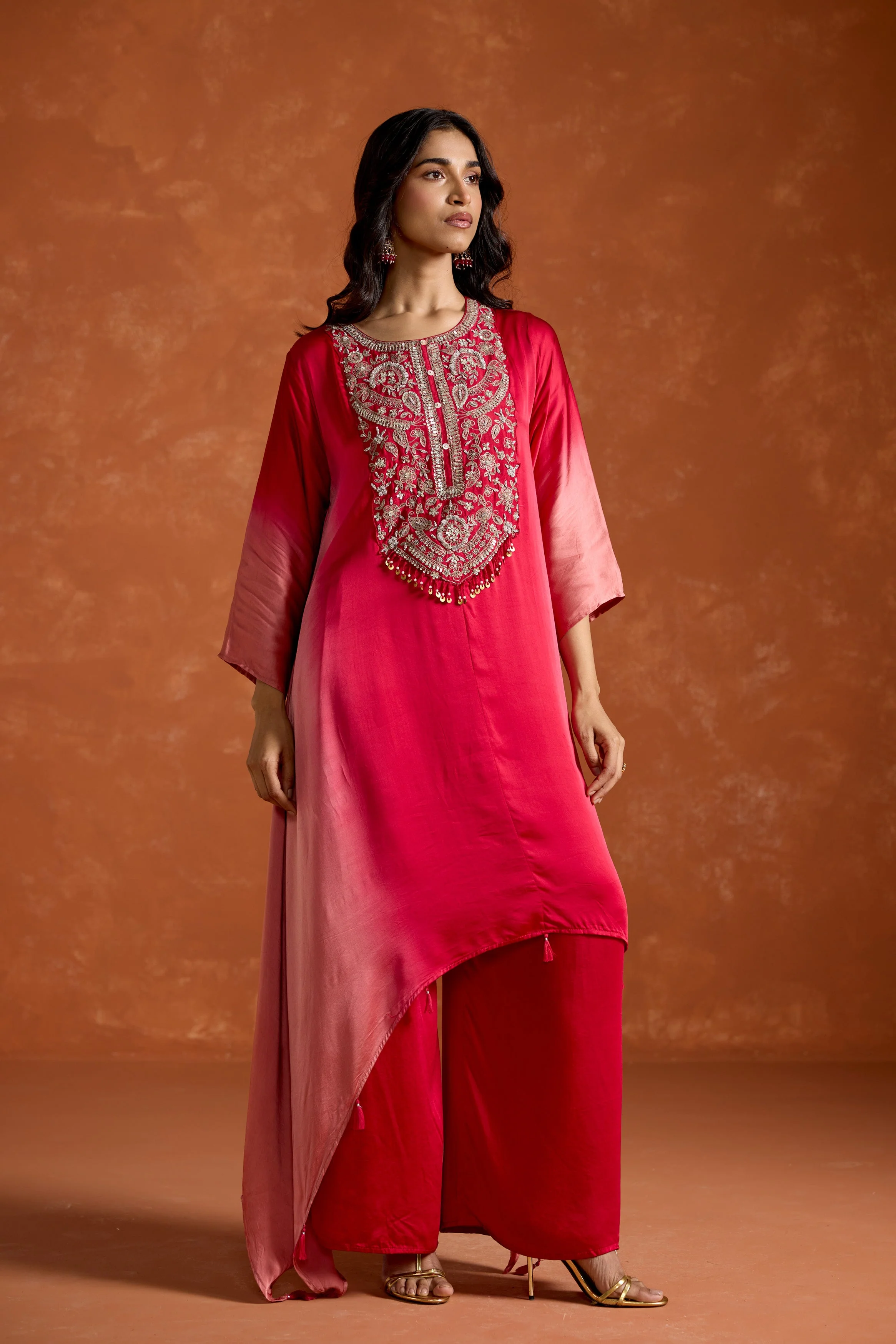 Pink Embellished Satin Silk Palazzo Set - Image 4