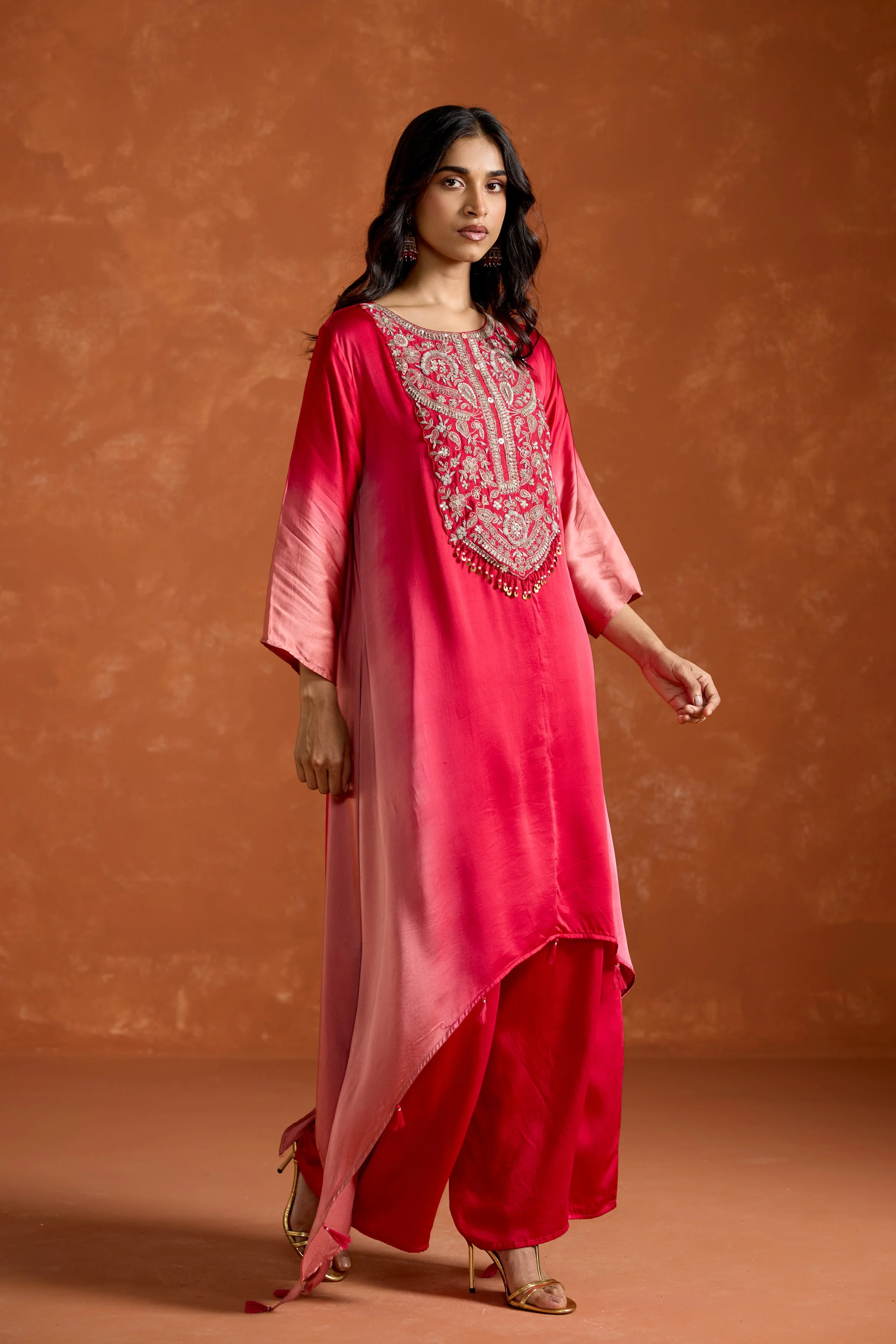 Pink Embellished Satin Silk Palazzo Set - Image 5