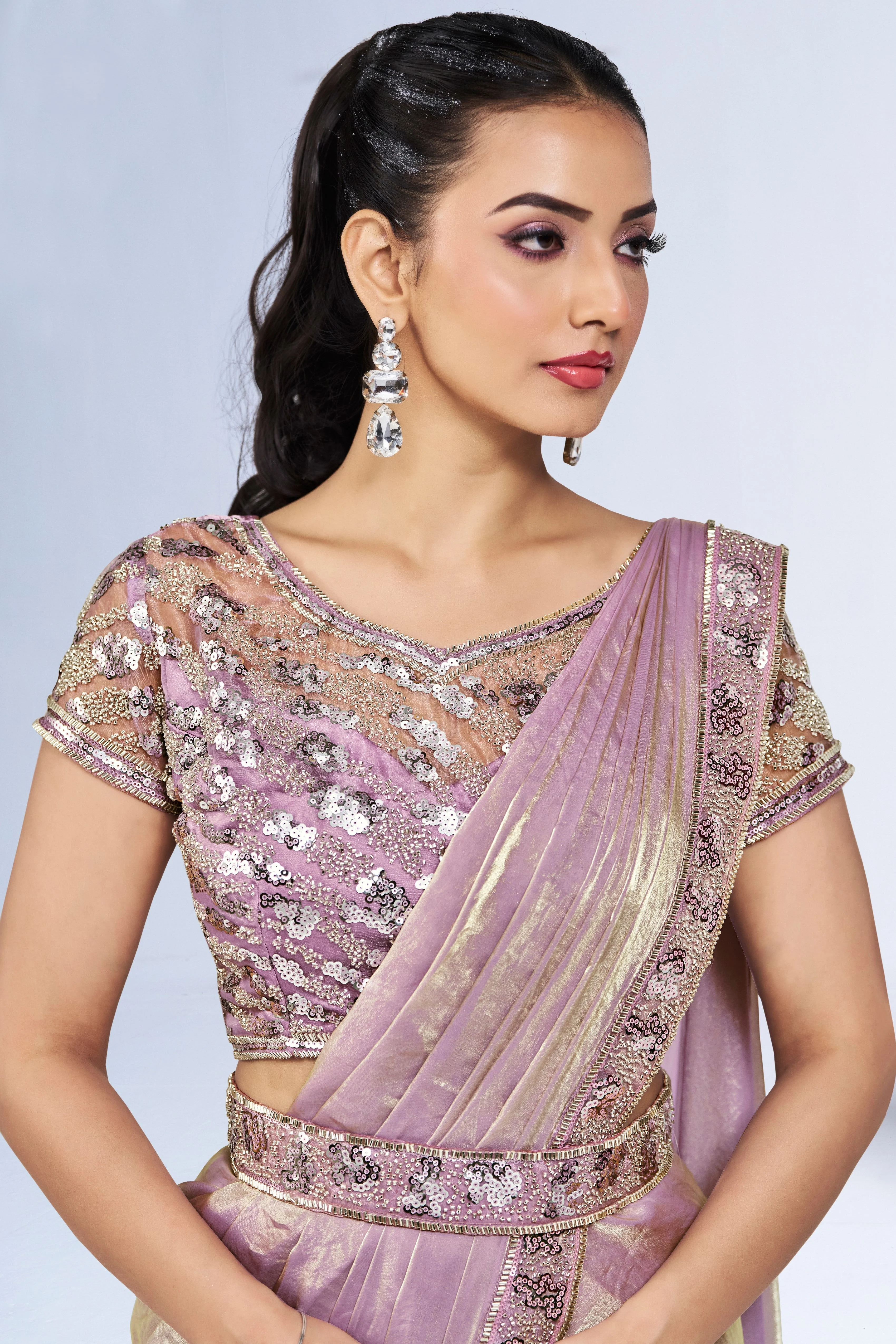 Rose Gold Embellished Satin Silk Saree - Image 3