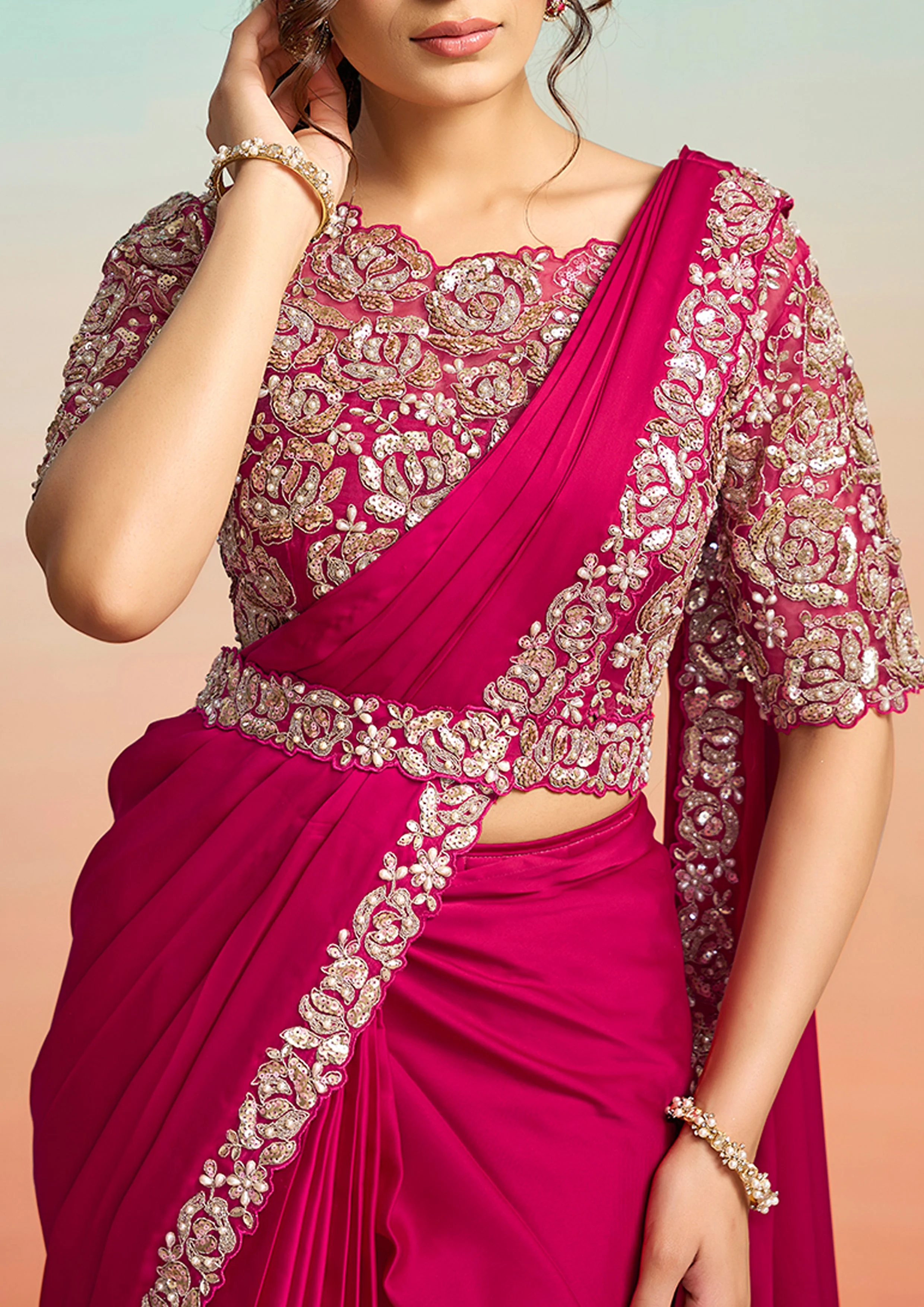 Rani Pink Embellished Satin Silk Draped Saree - Image 2