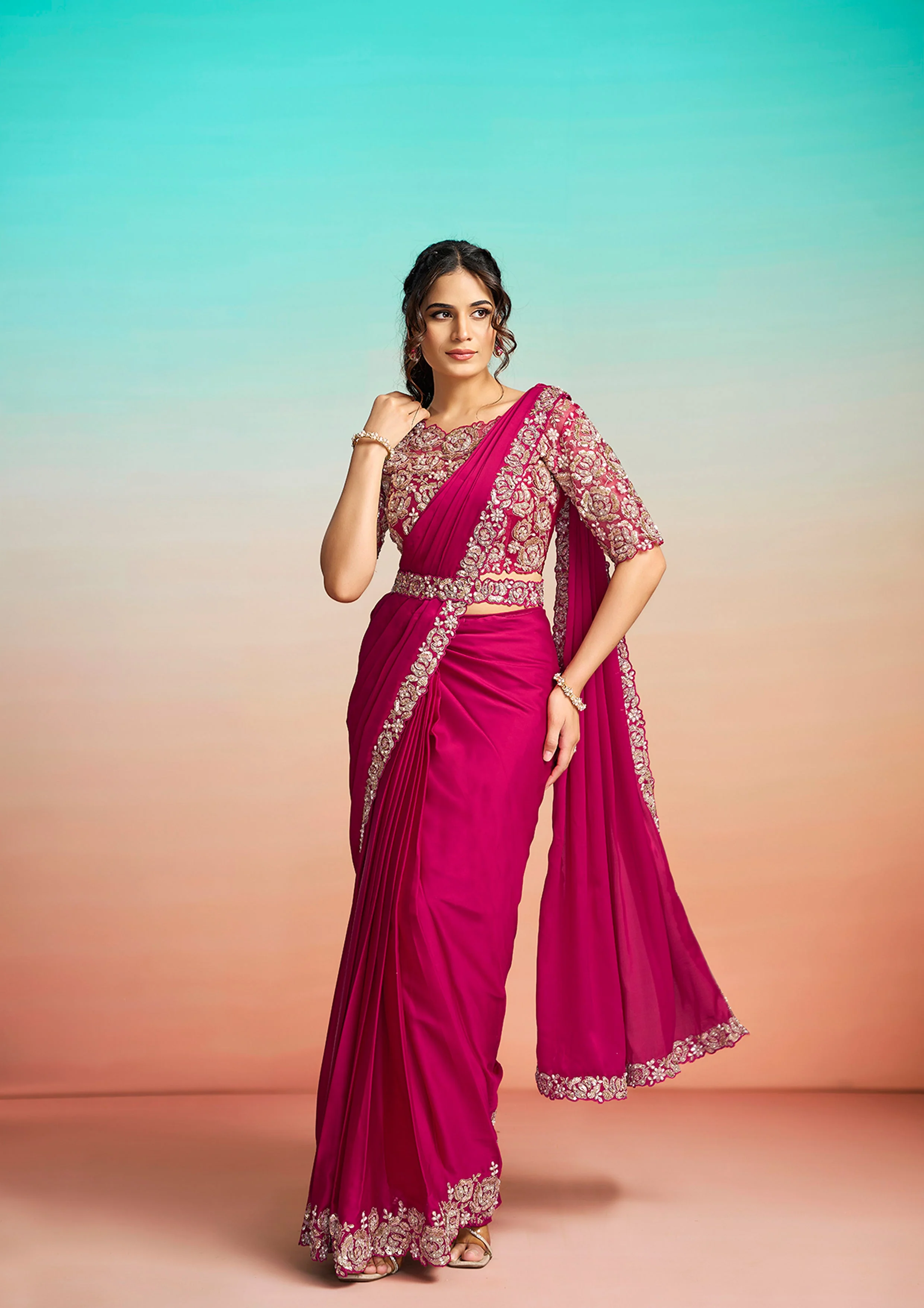 Rani Pink Embellished Satin Silk Draped Saree - Image 3