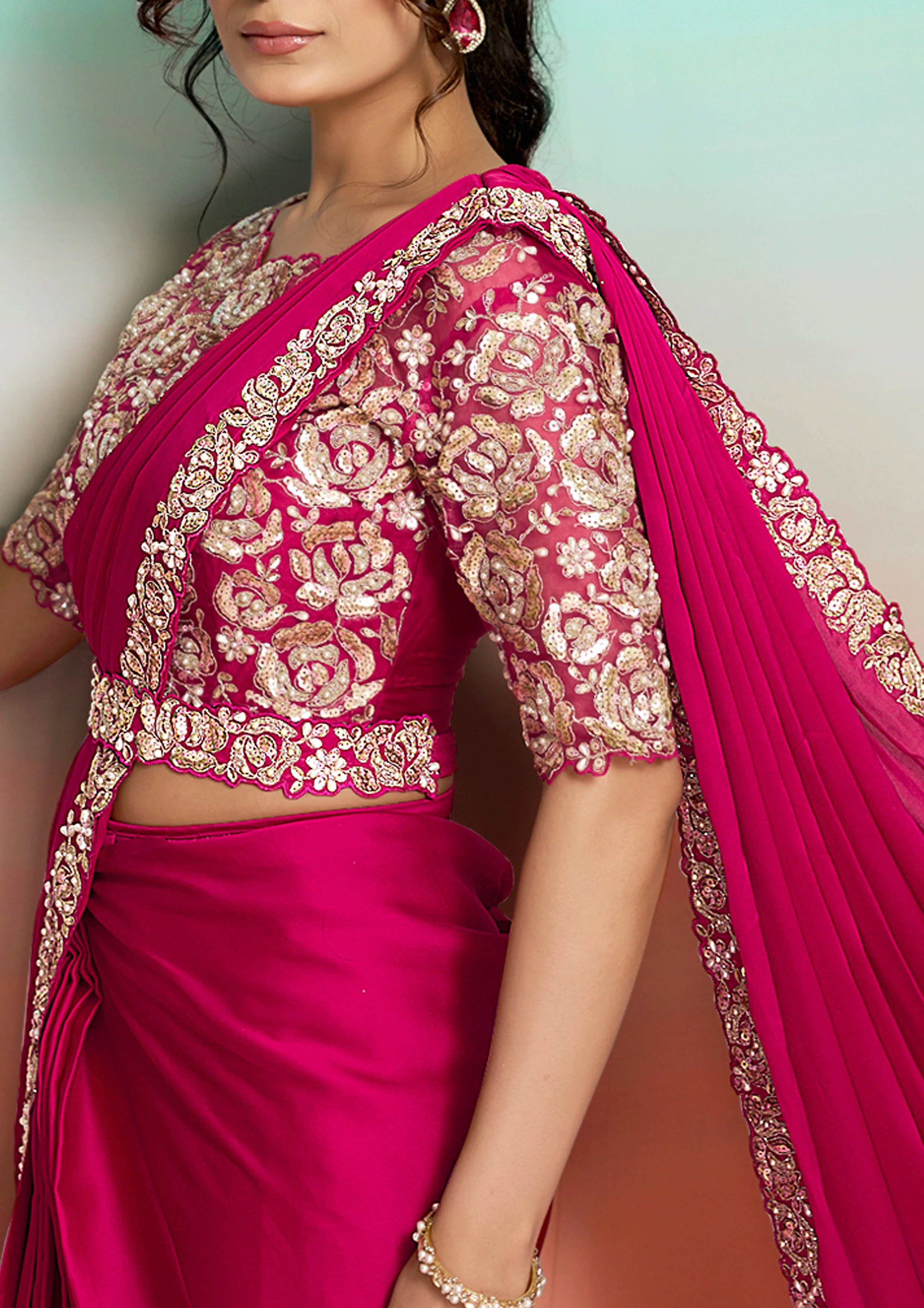 Rani Pink Embellished Satin Silk Draped Saree - Image 4