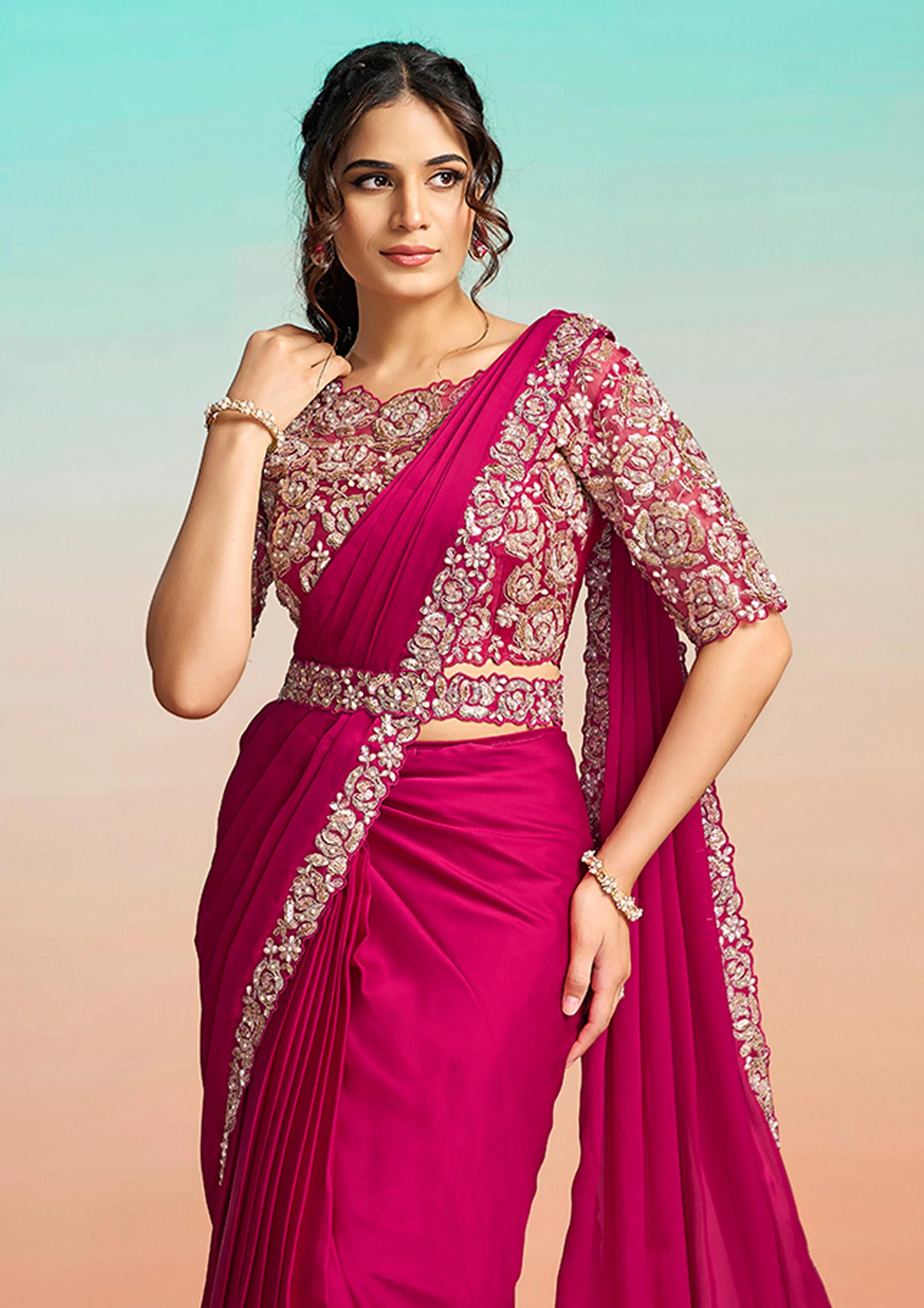 Rani Pink Embellished Satin Silk Draped Saree - Image 5