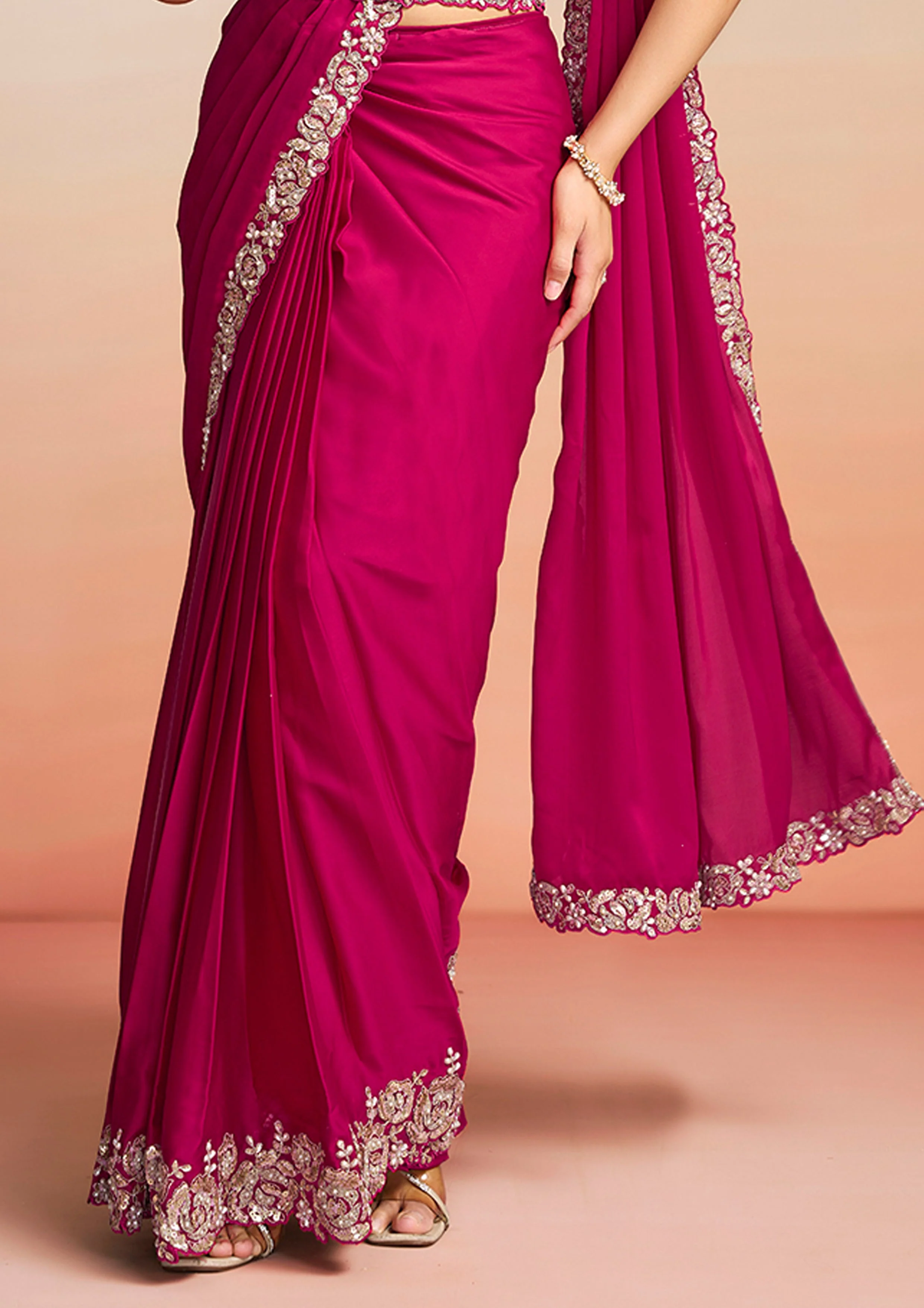 Rani Pink Embellished Satin Silk Draped Saree - Image 6