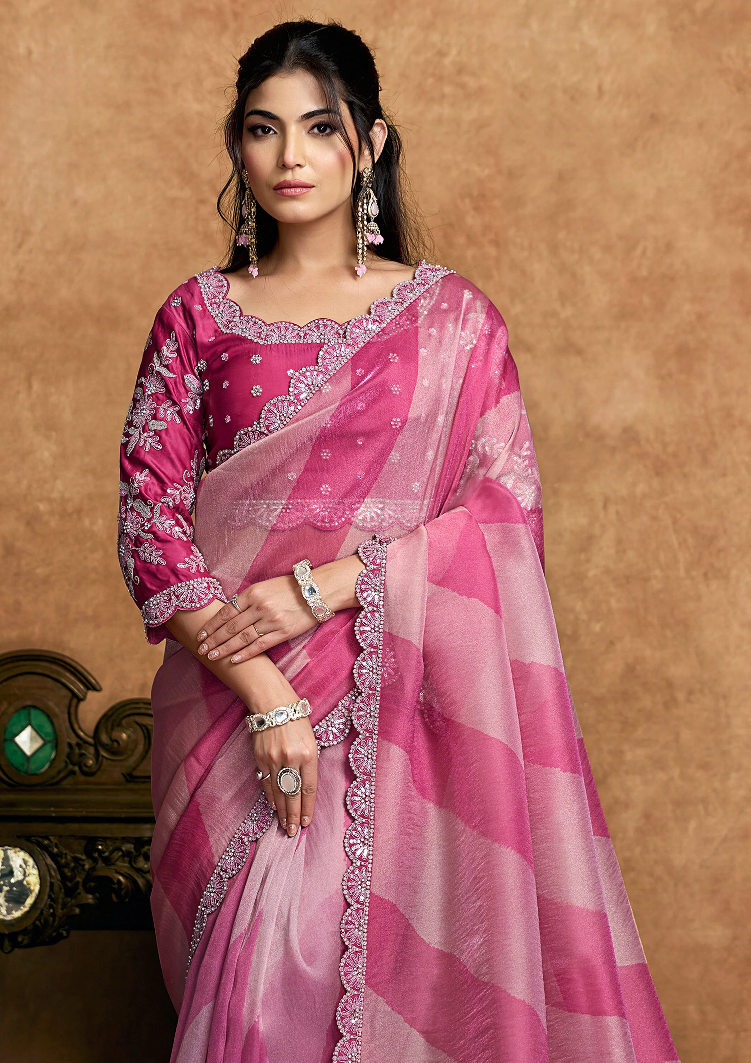Fuchsia & Rose Pink Embellished Shimmer Saree - Image 2