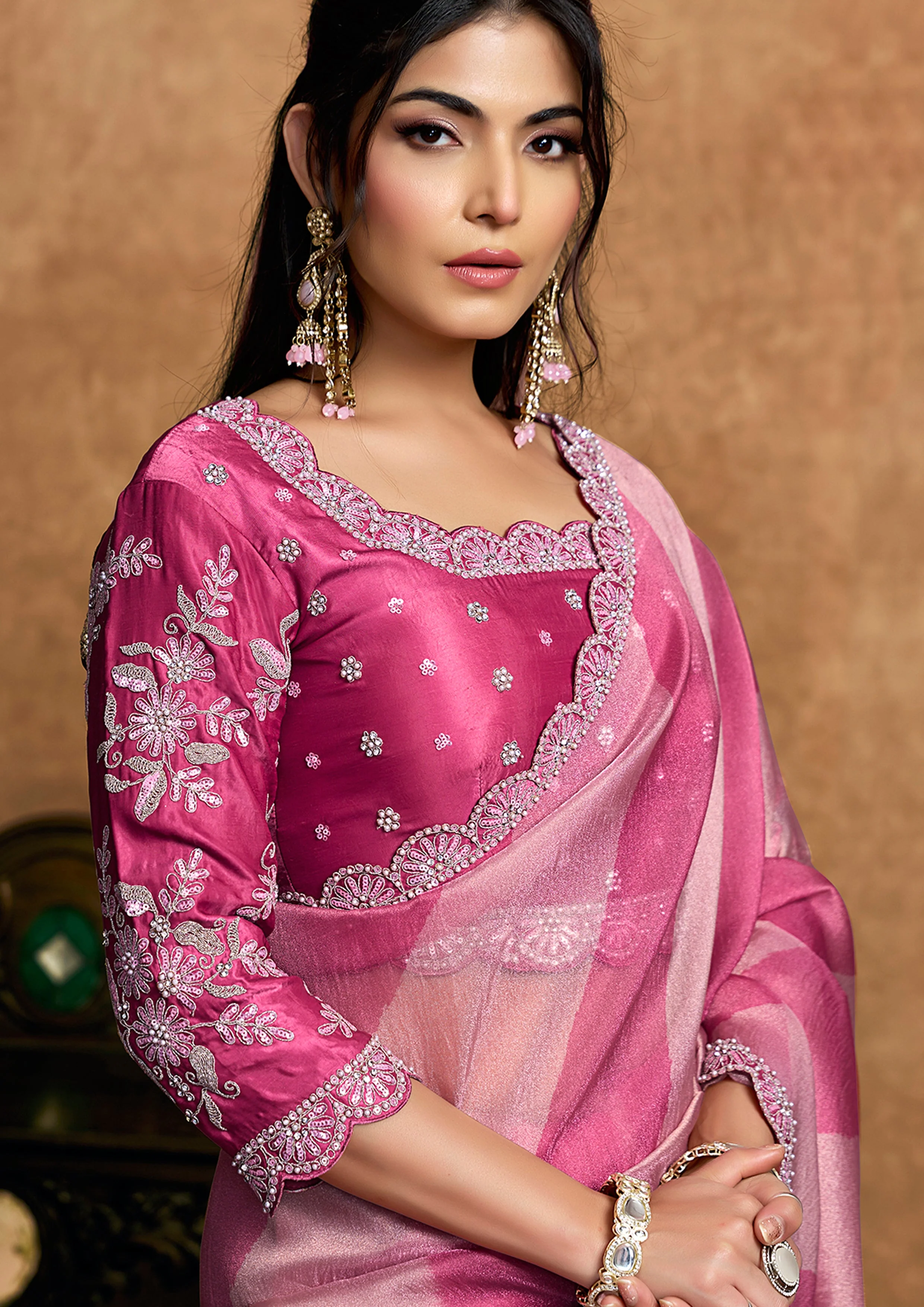 Fuchsia & Rose Pink Embellished Shimmer Saree - Image 3