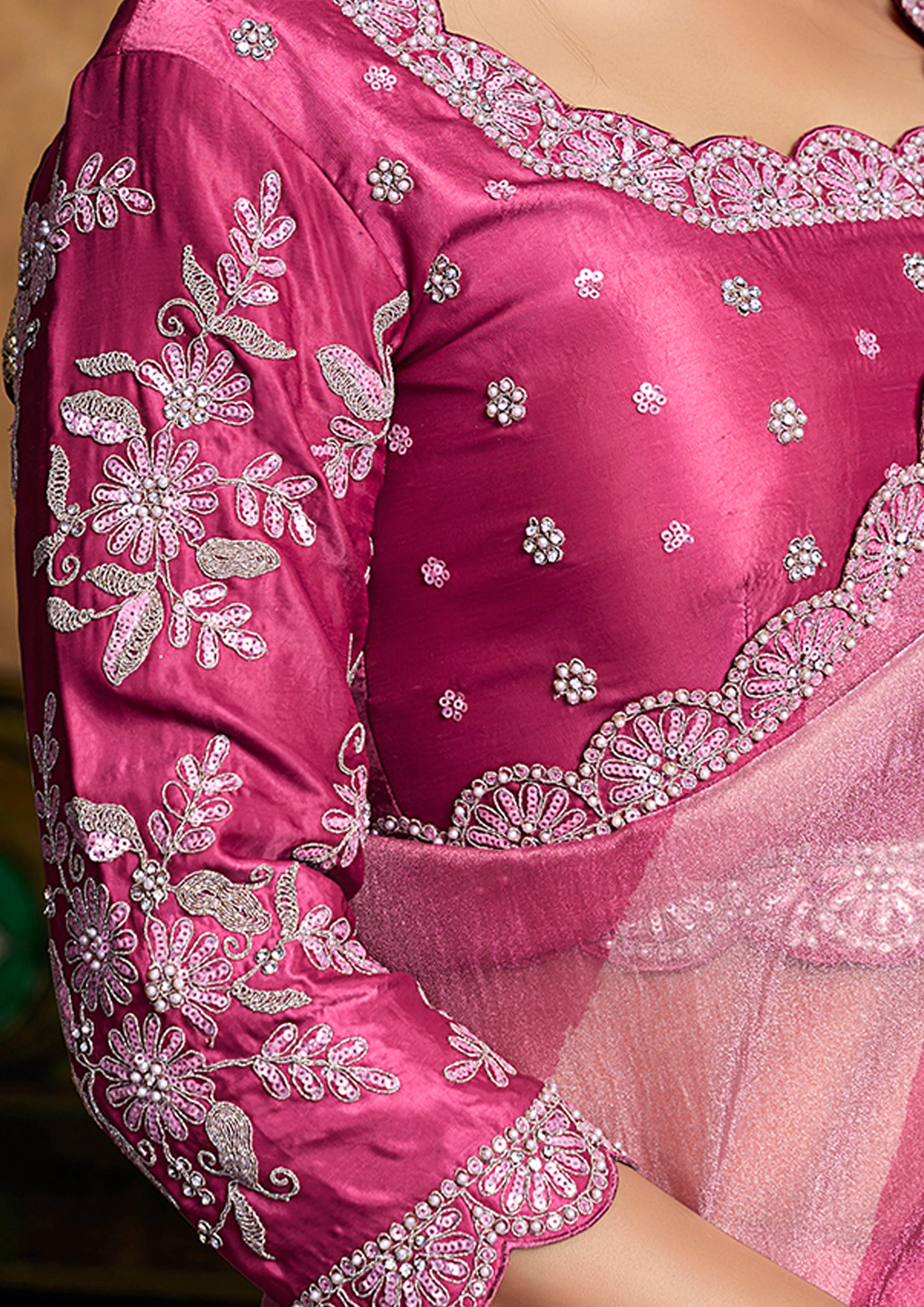 Fuchsia & Rose Pink Embellished Shimmer Saree - Image 4