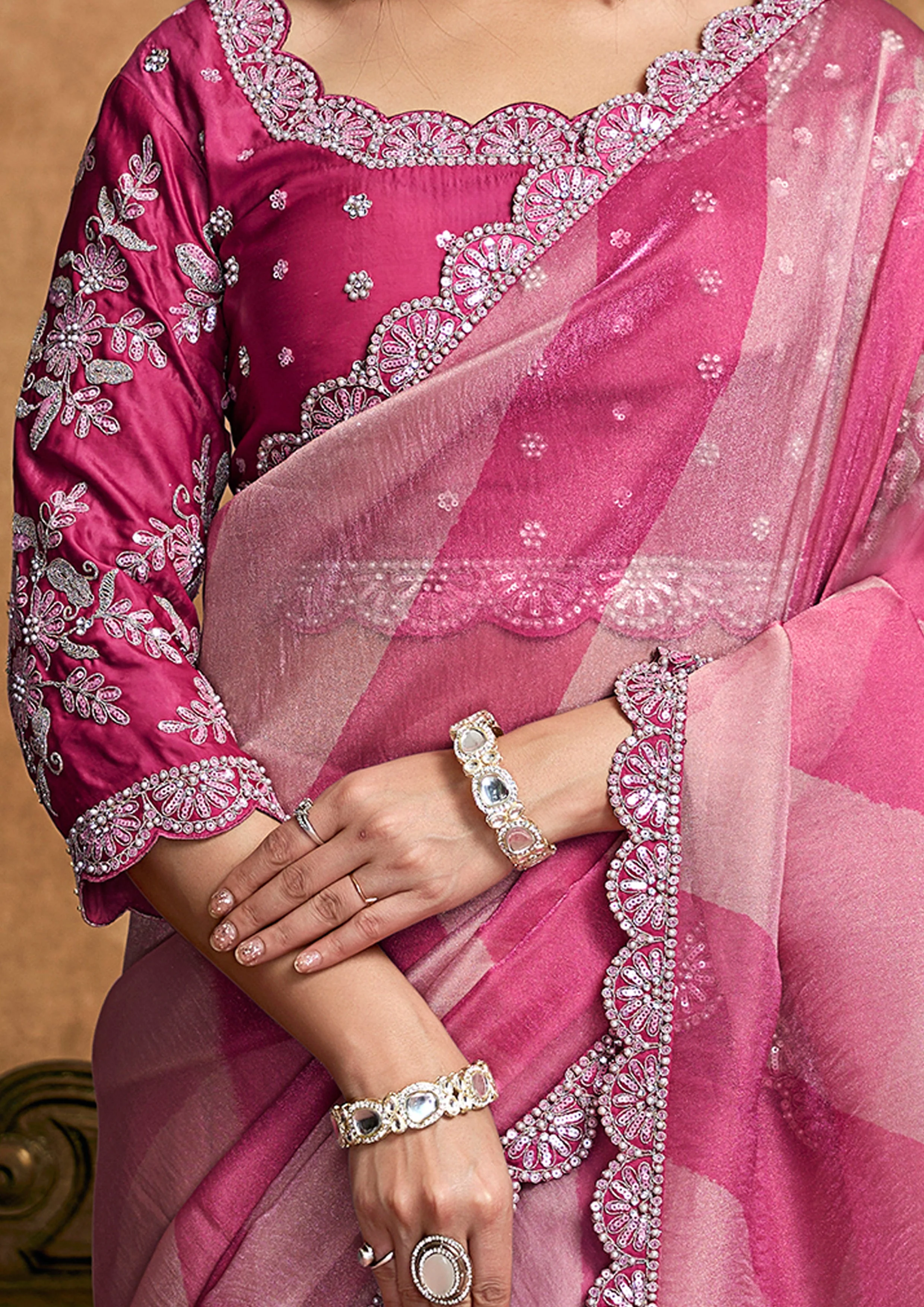 Fuchsia & Rose Pink Embellished Shimmer Saree - Image 5
