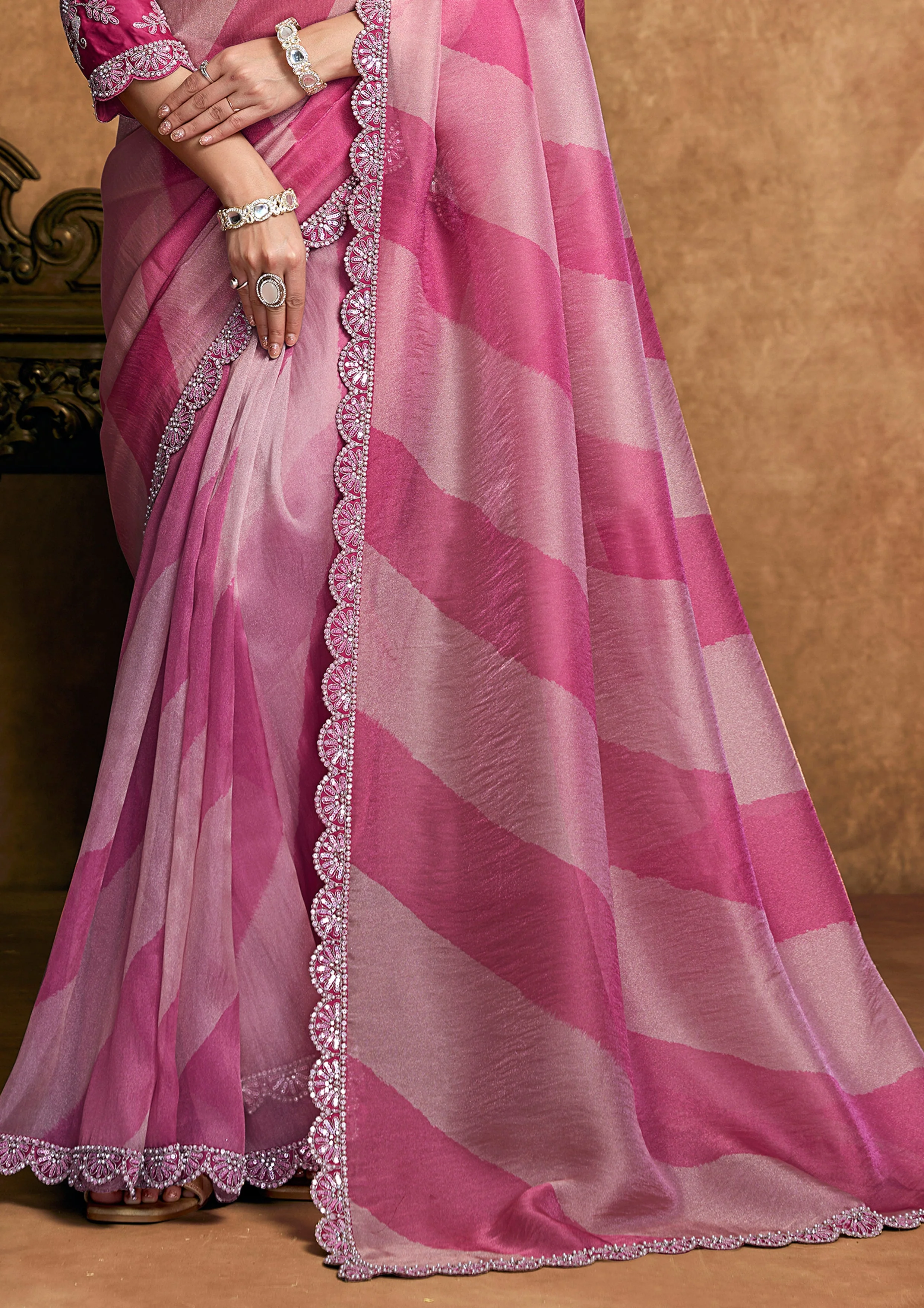 Fuchsia & Rose Pink Embellished Shimmer Saree - Image 6