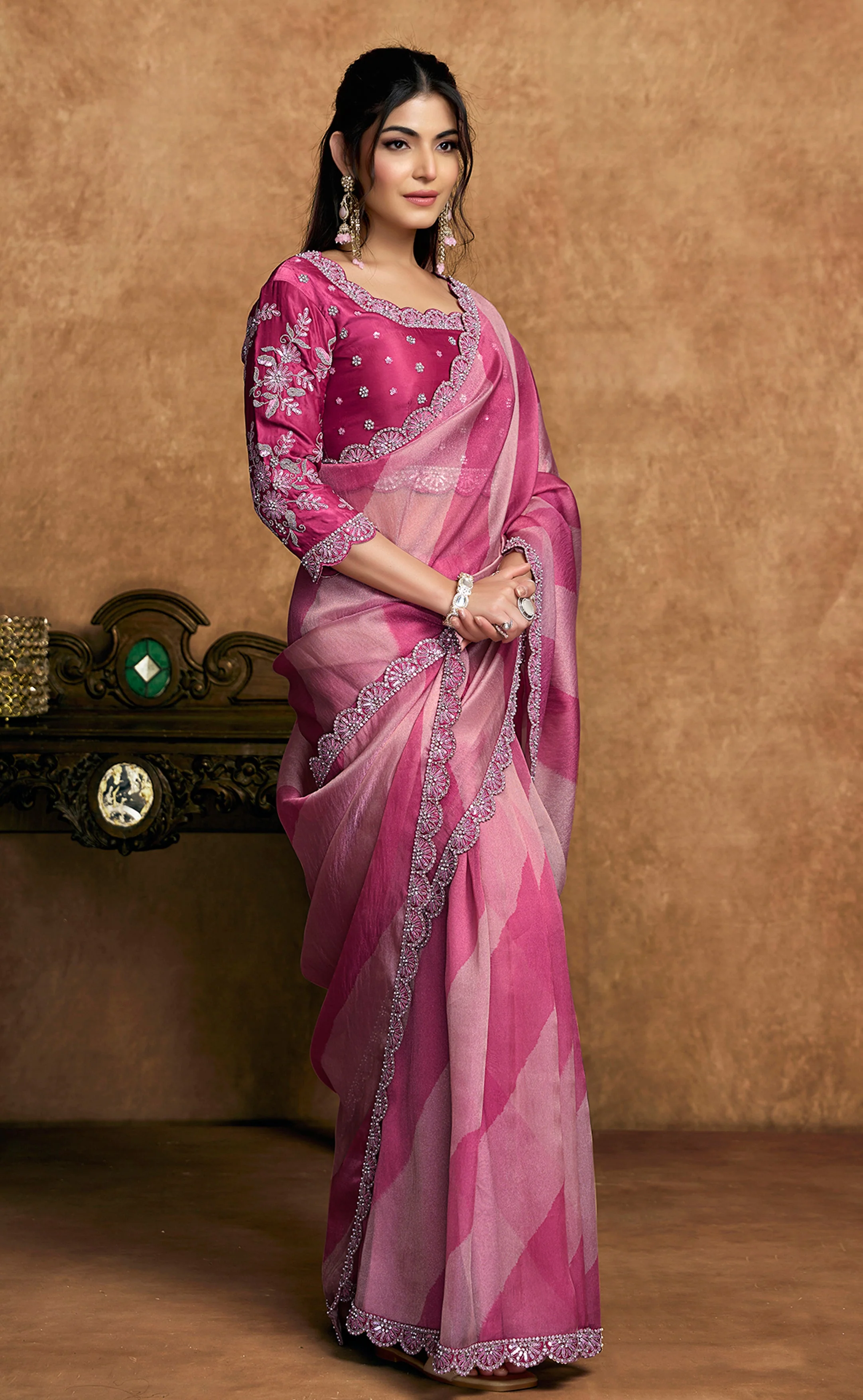Fuchsia & Rose Pink Embellished Shimmer Saree - Image 7