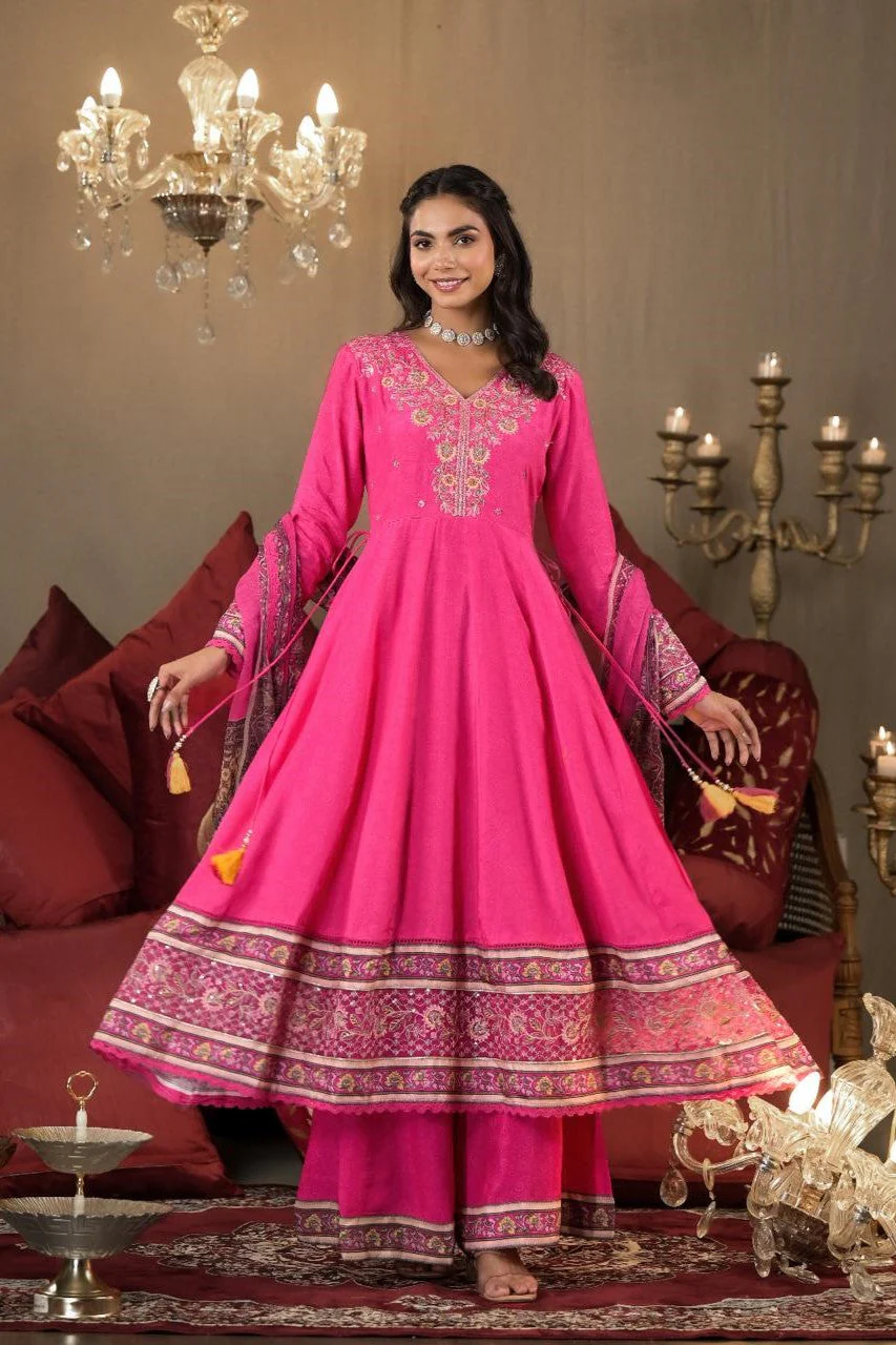 Pink Embellished Spanish Silk Anarkali Set - Image 2
