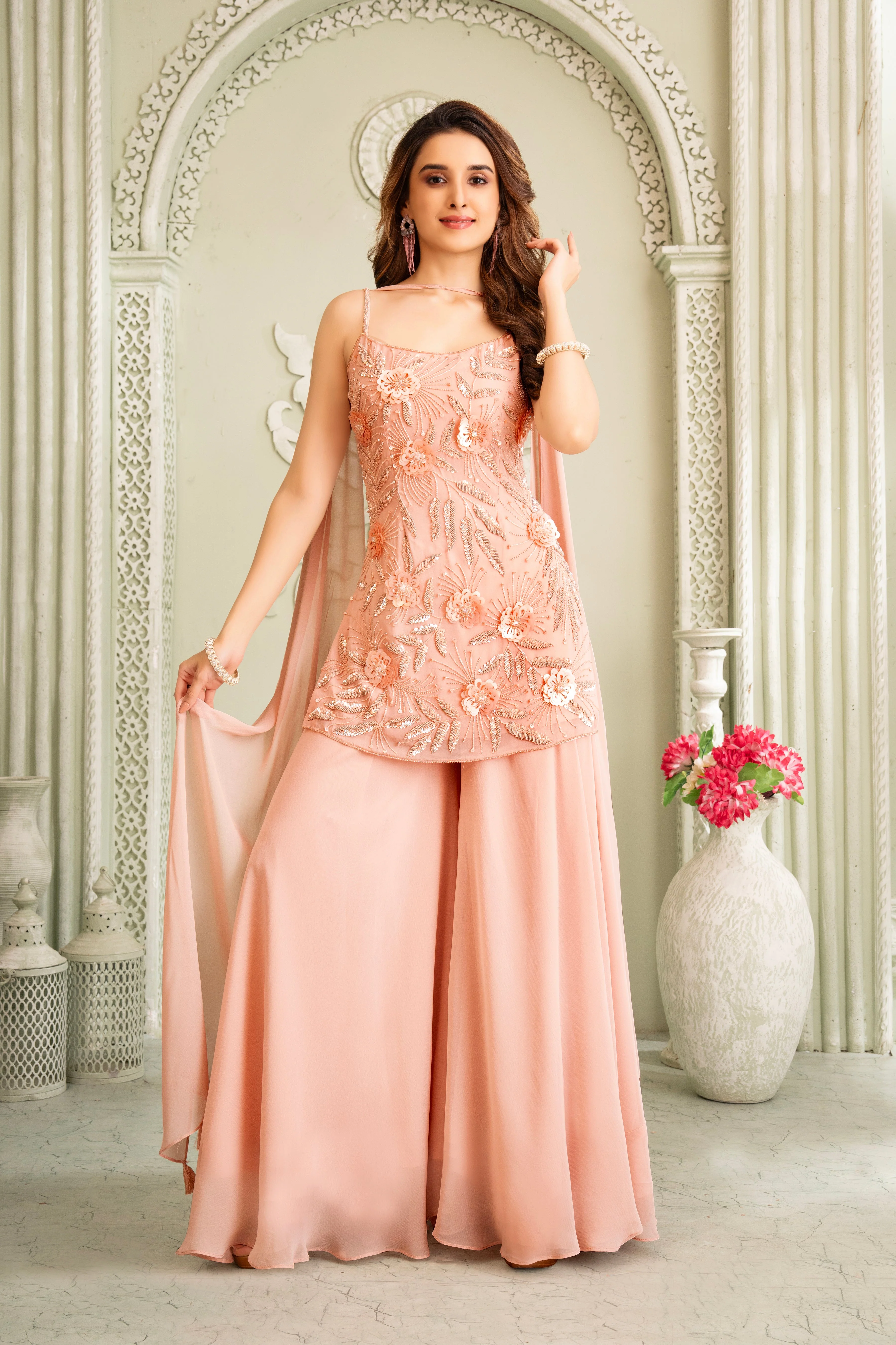 Soft Peach Delicate Sequins Tunic Palazzo Set