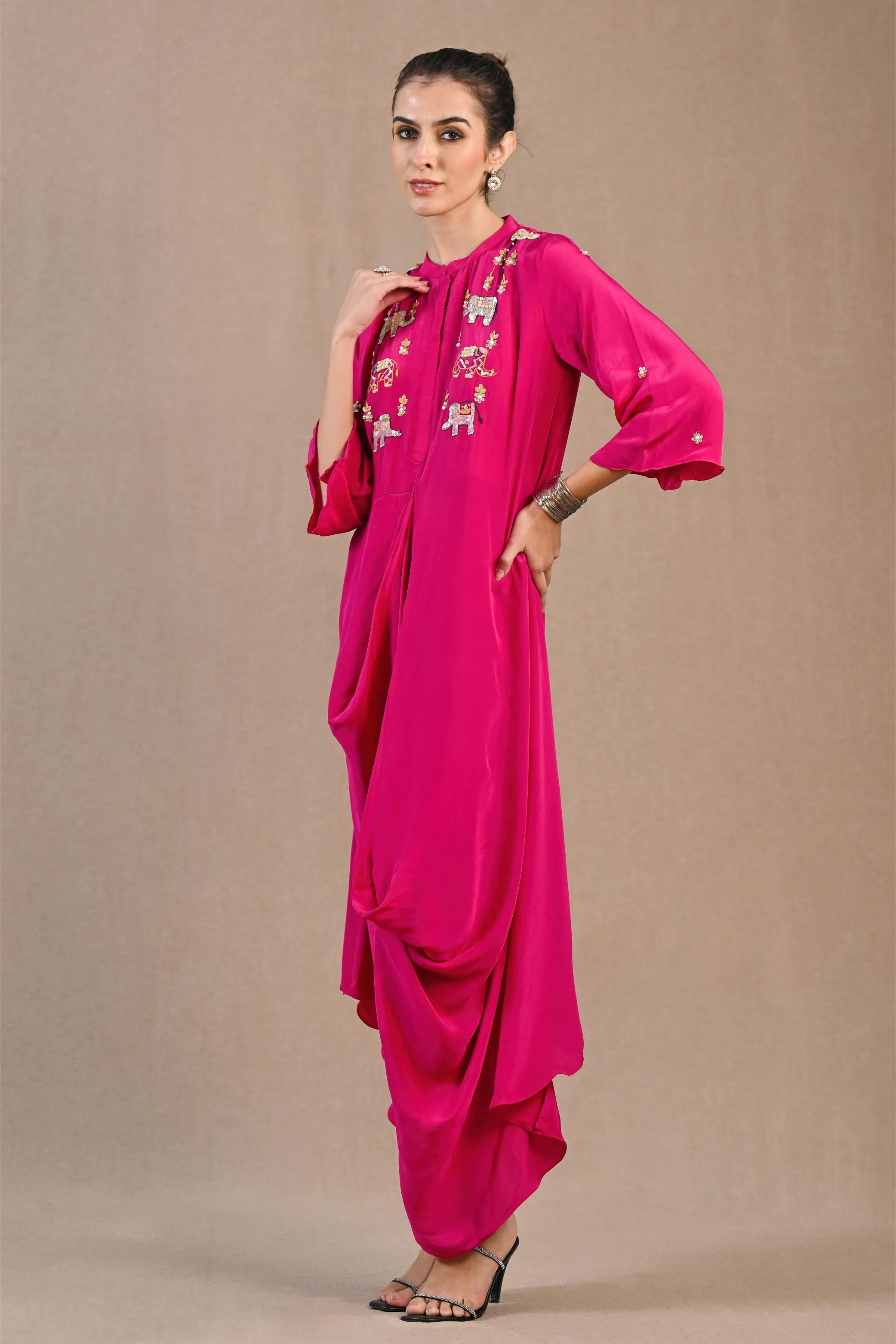 Pink Embroidered Crepe Silk Draped Gown - Image 3