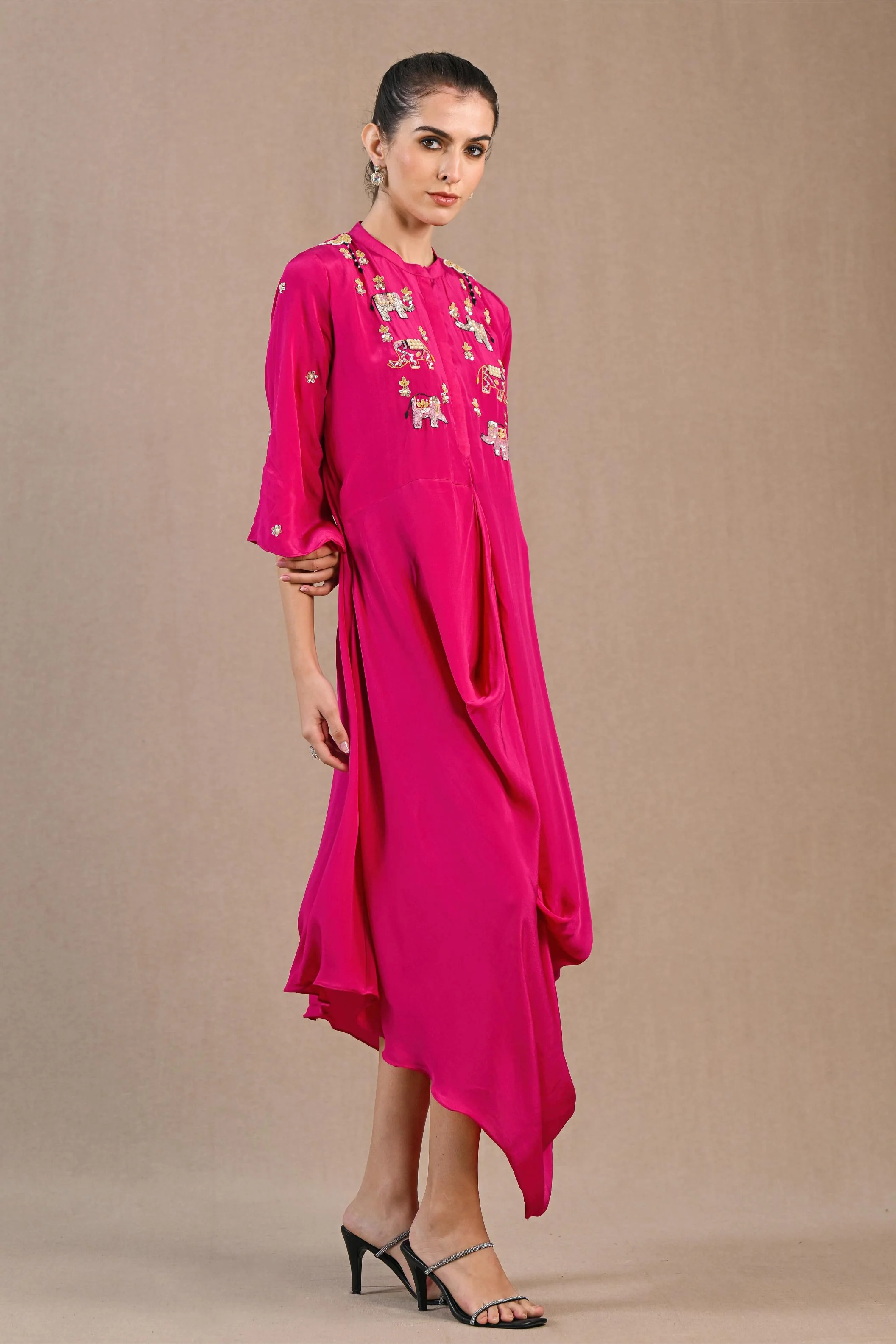 Pink Embroidered Crepe Silk Draped Gown - Image 4