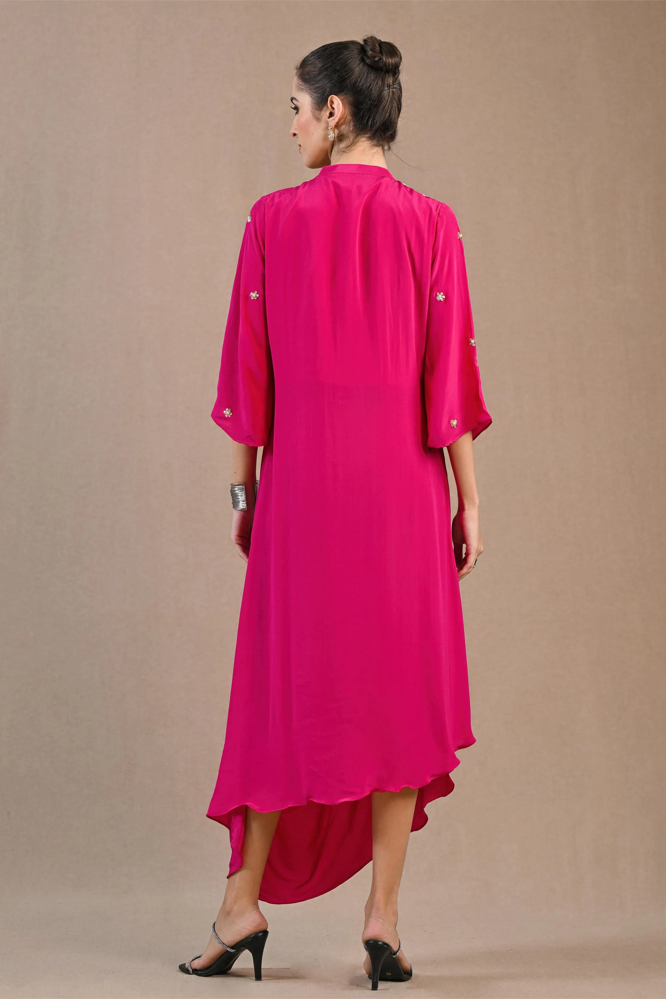 Pink Embroidered Crepe Silk Draped Gown - Image 5