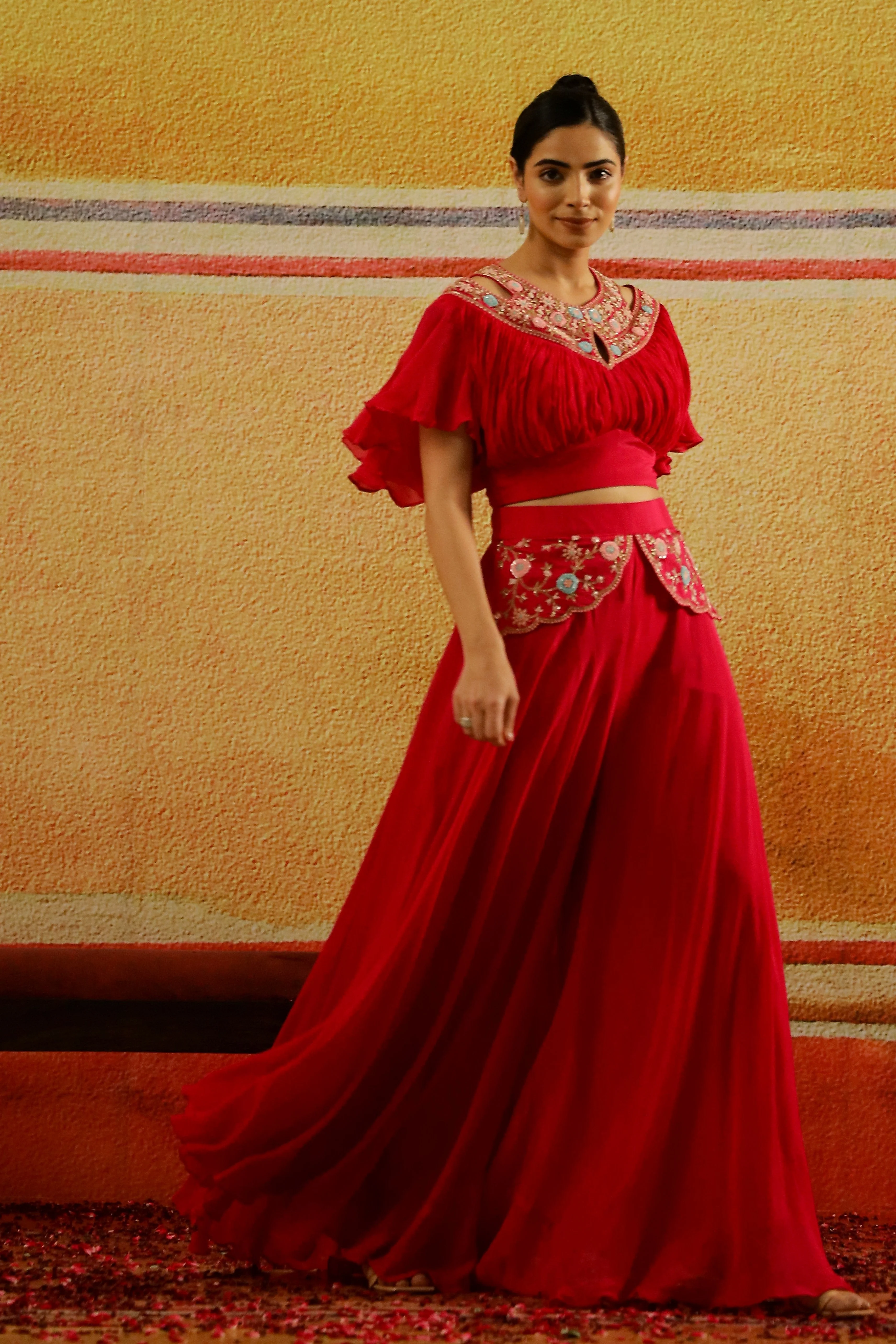 Pink Embroidered Chinon Silk Top & Palazzo Set - Image 3