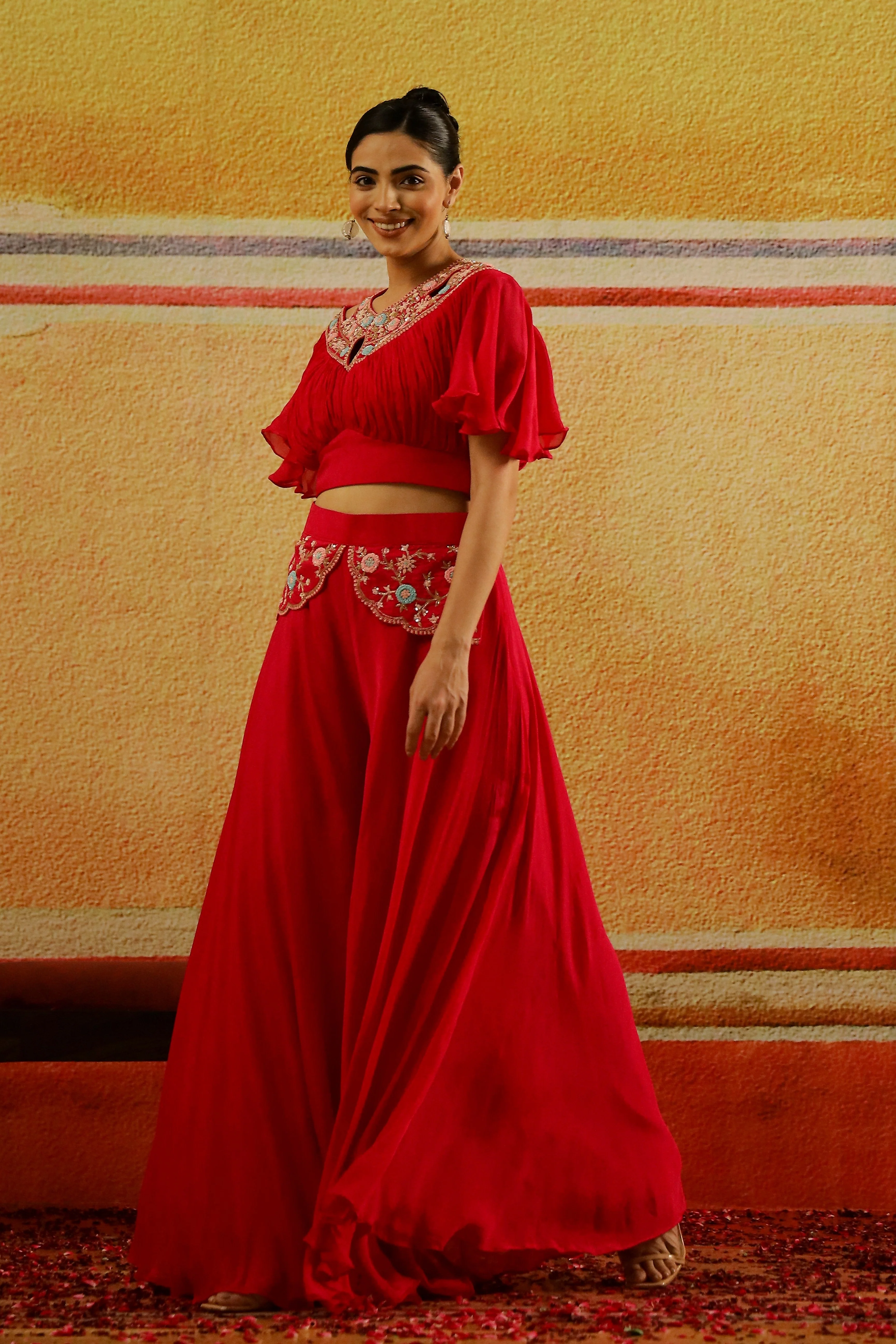 Pink Embroidered Chinon Silk Top & Palazzo Set - Image 4