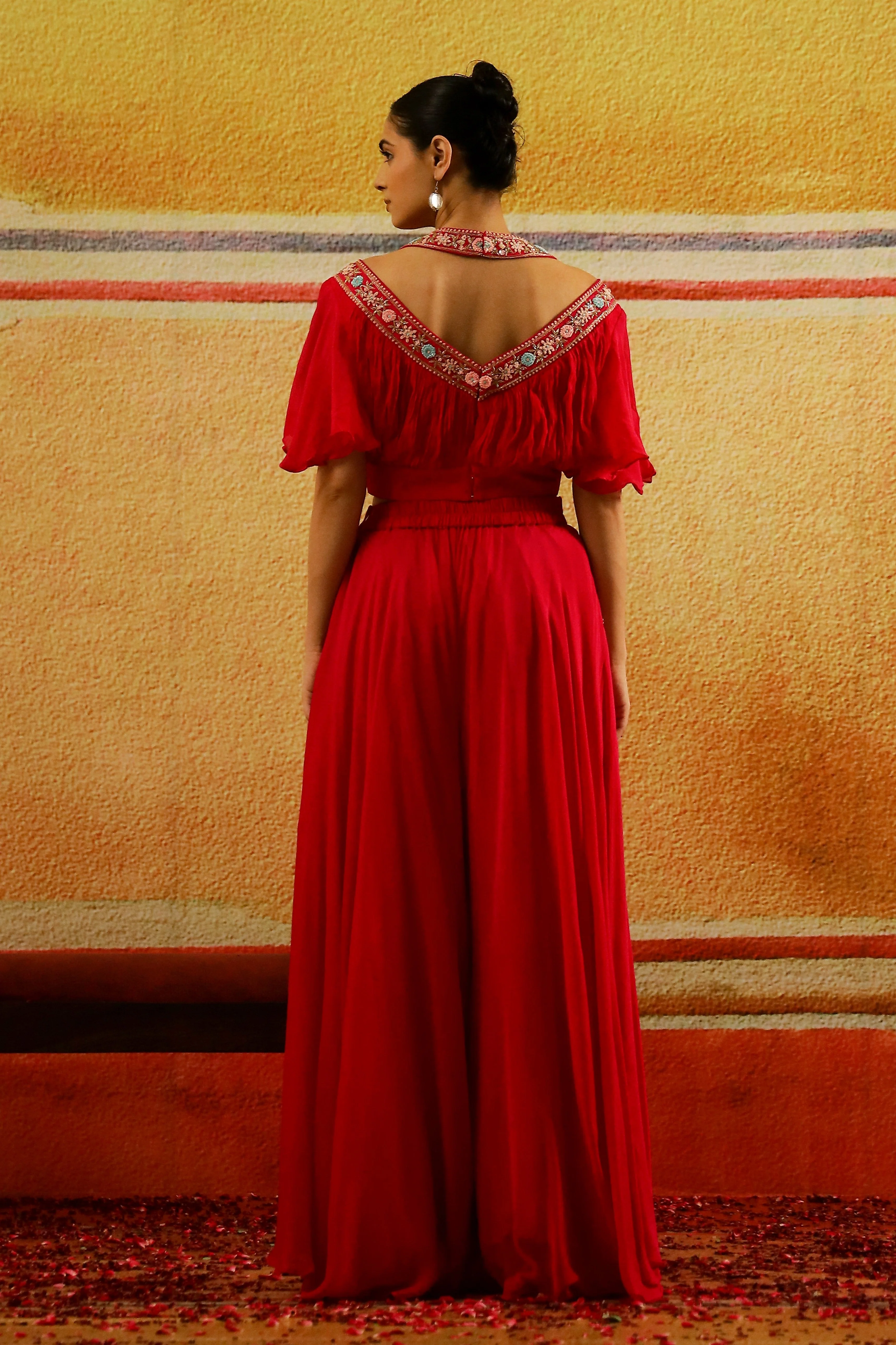 Pink Embroidered Chinon Silk Top & Palazzo Set - Image 5