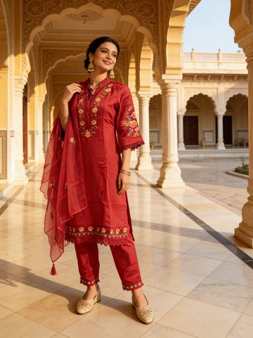 Rani Pink Embroidered Crepe Silk Pant Set - Image 2