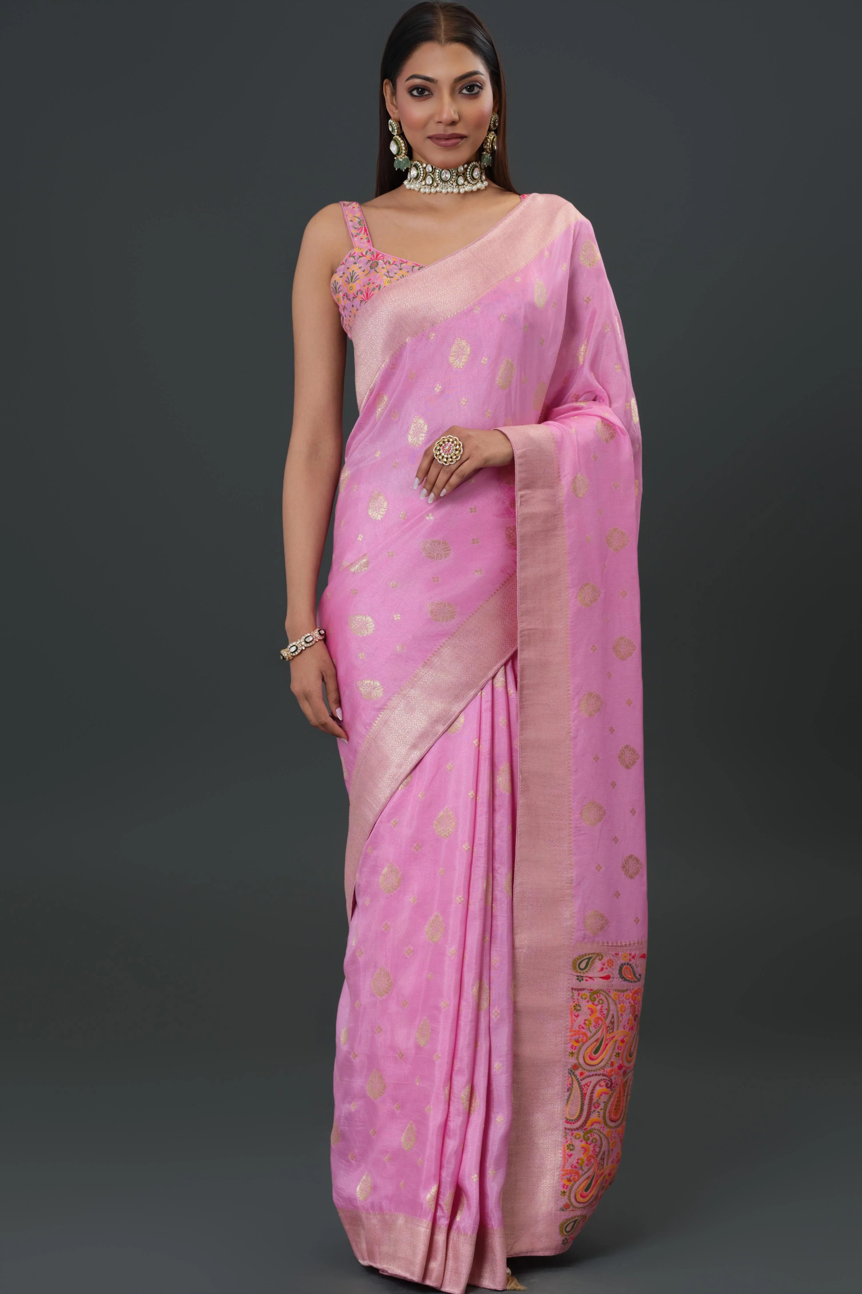 Pink Embroidered Dola Silk Saree - Image 2