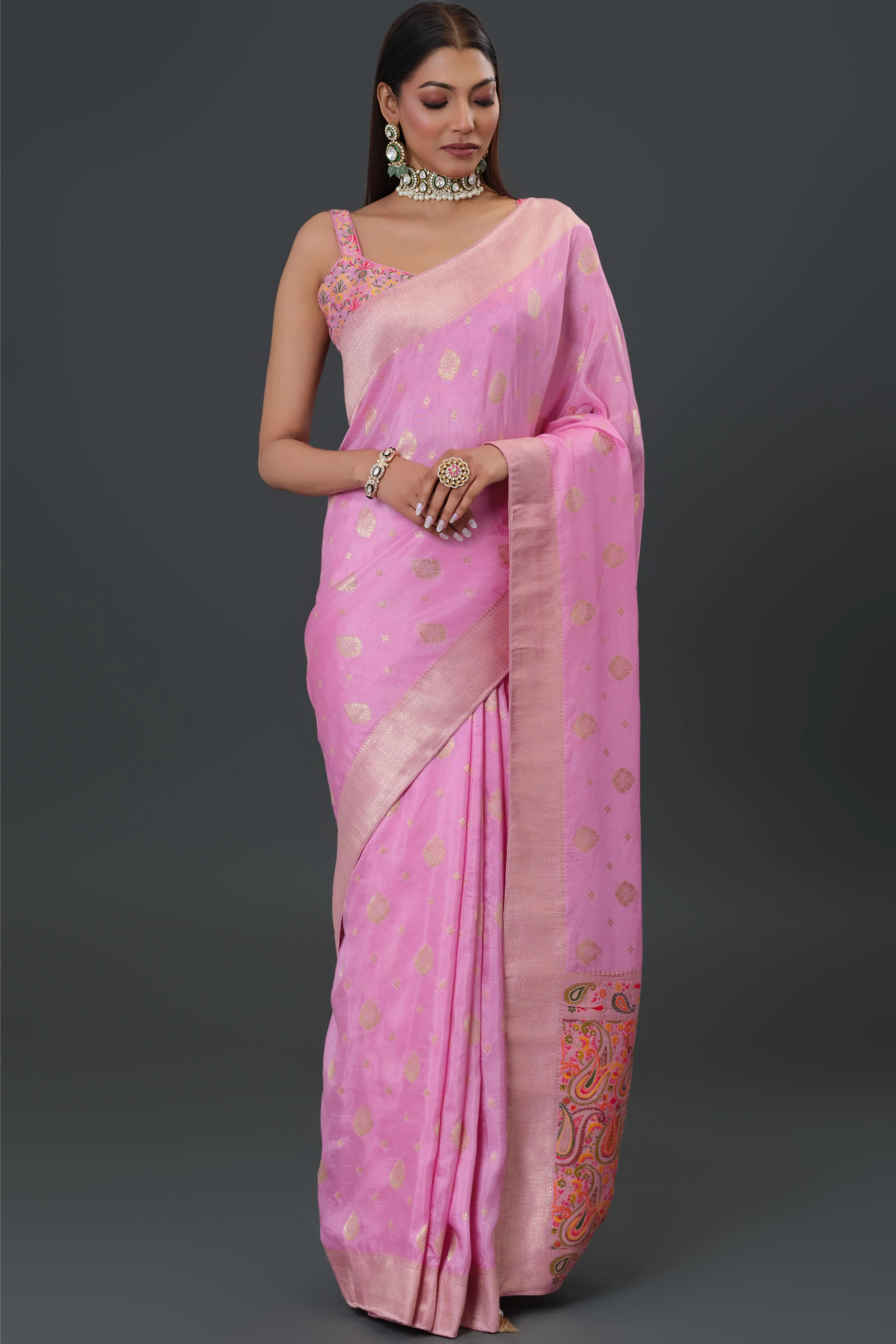 Pink Embroidered Dola Silk Saree - Image 3