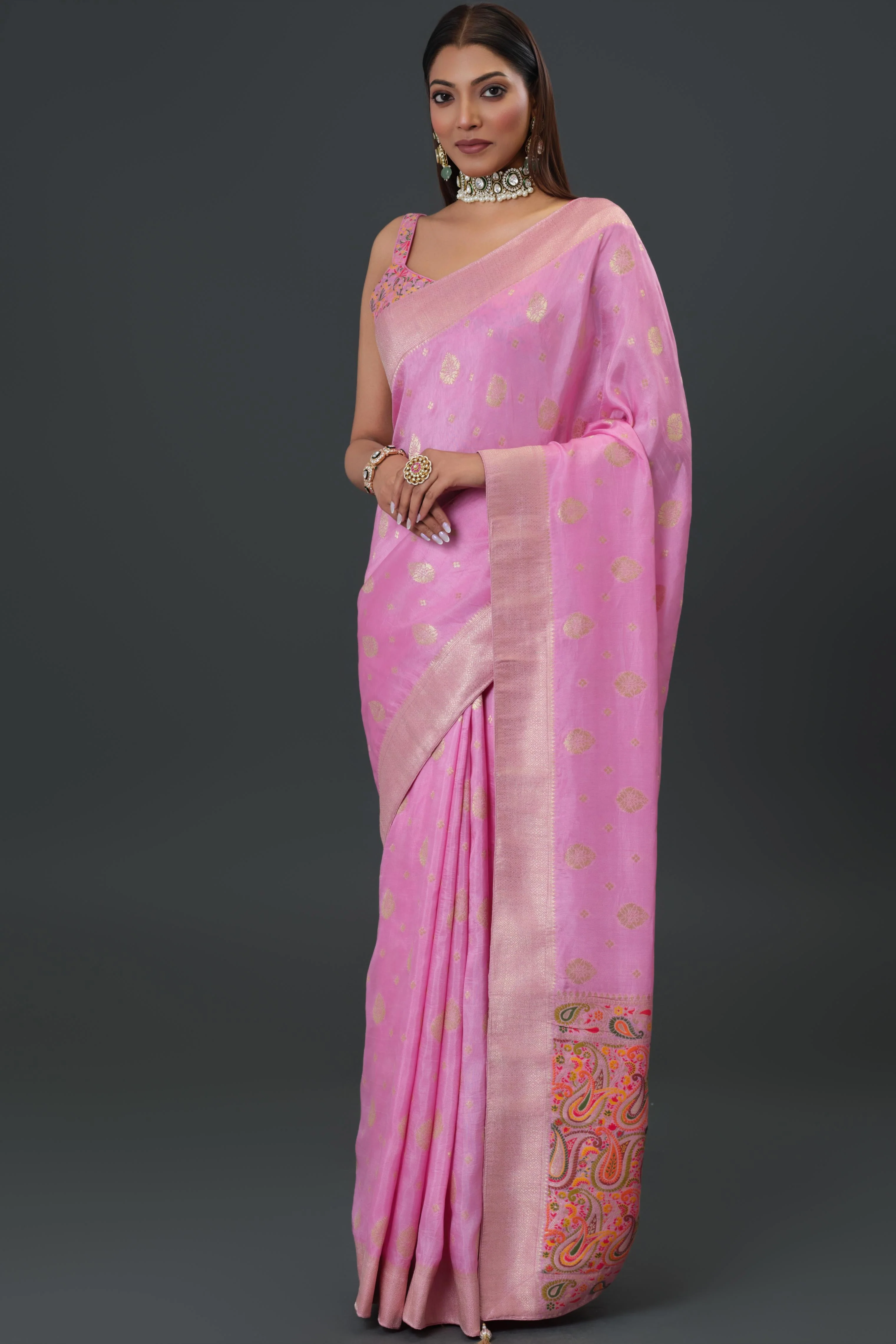 Pink Embroidered Dola Silk Saree - Image 4