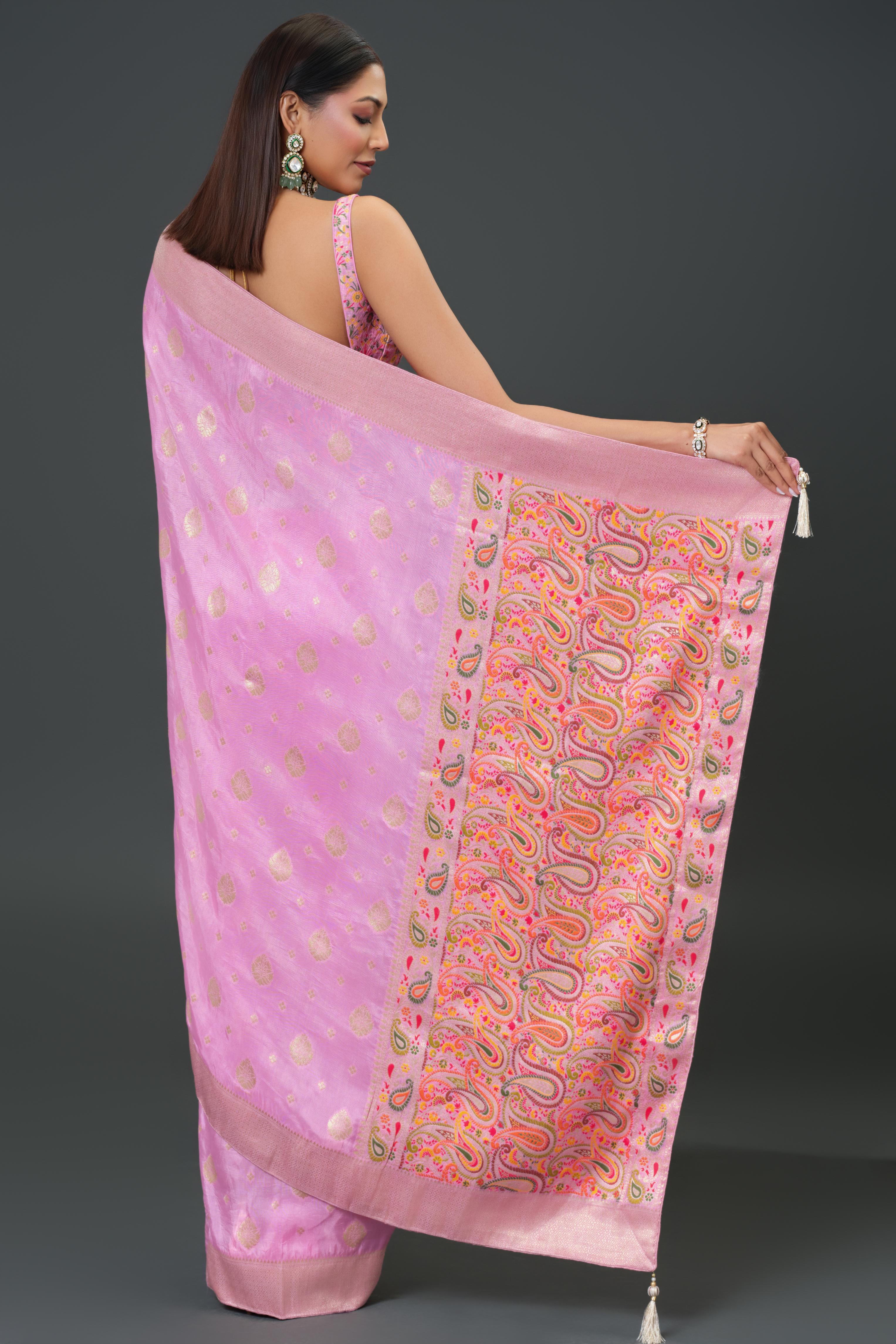 Pink Embroidered Dola Silk Saree - Image 5