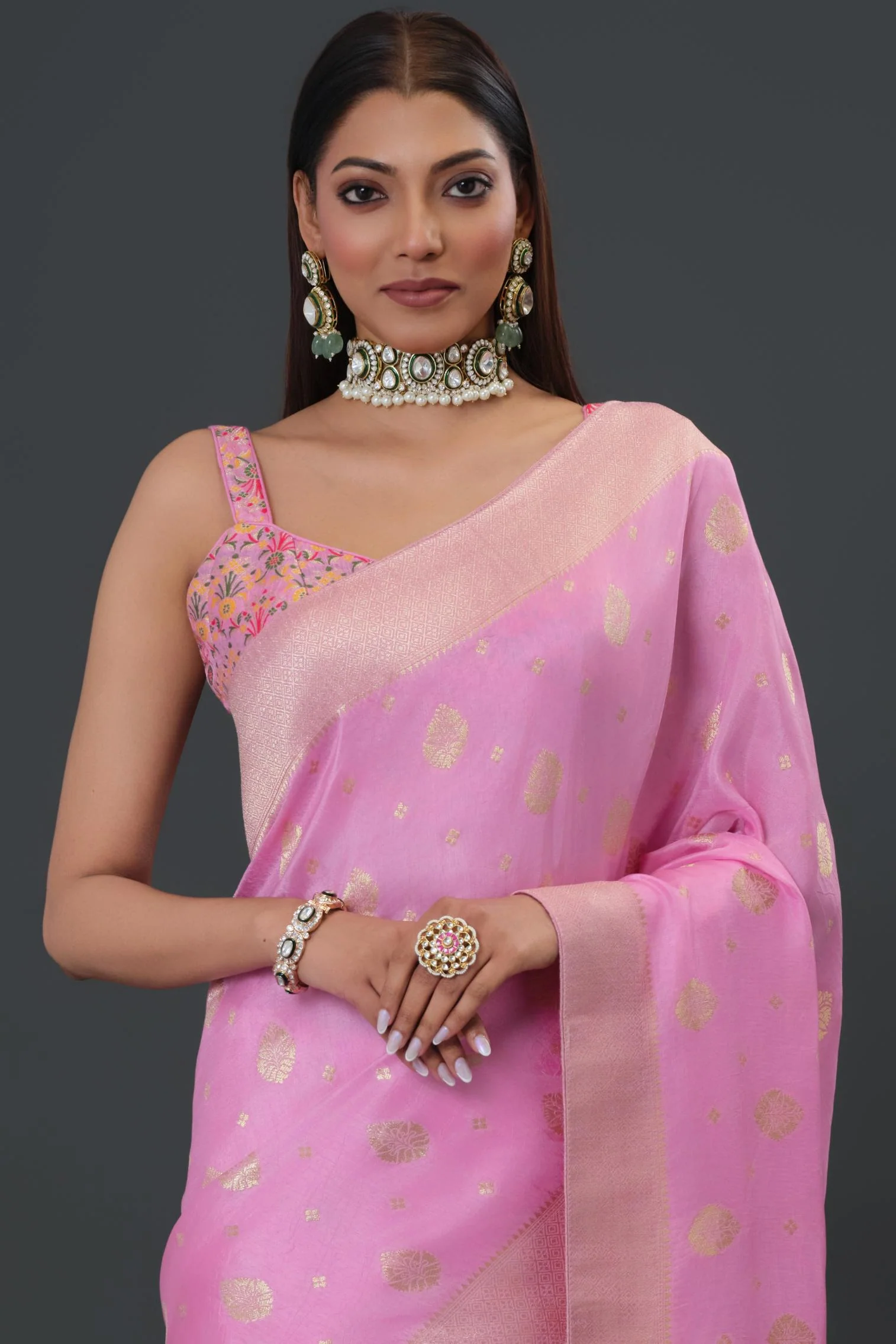Pink Embroidered Dola Silk Saree - Image 6