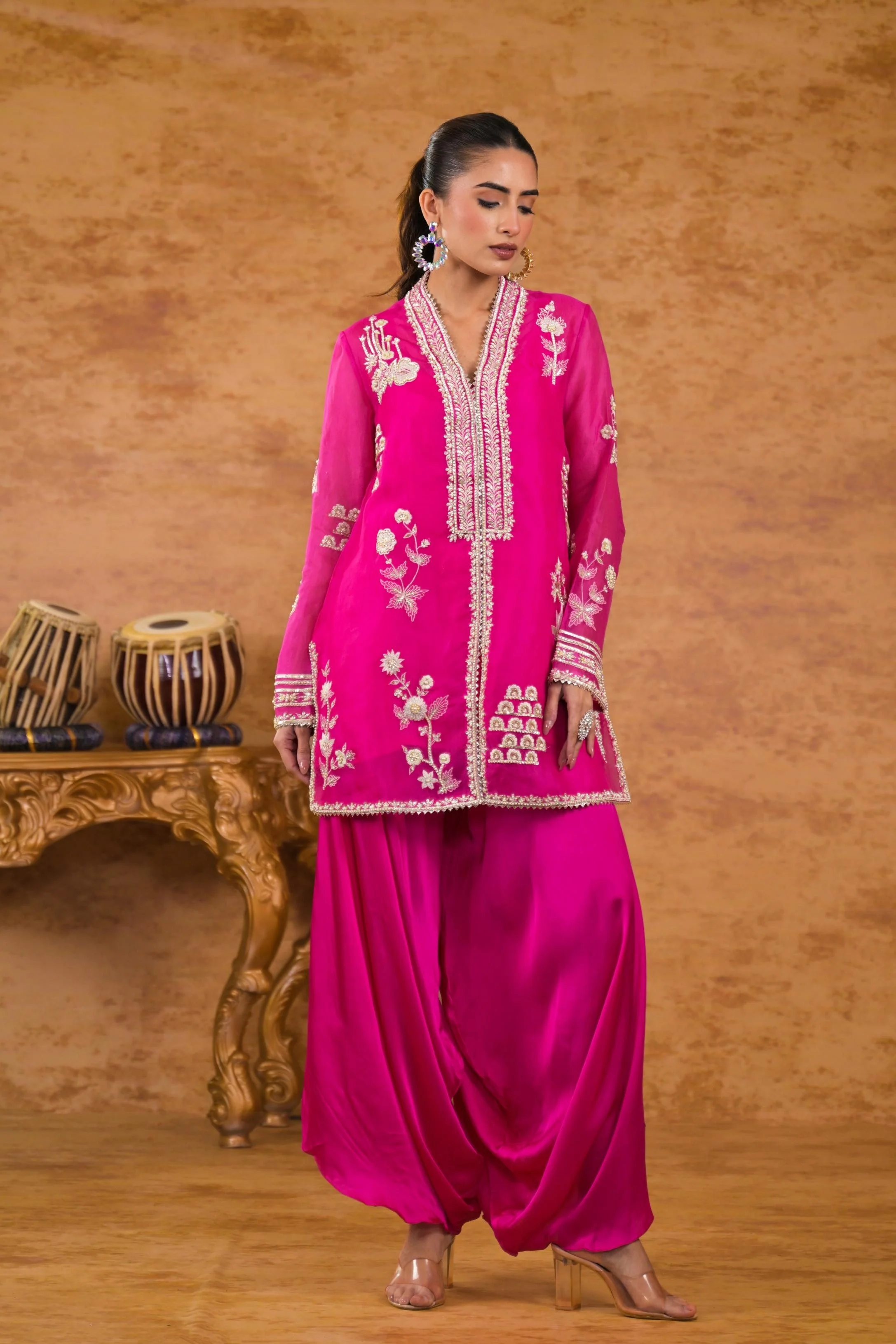 Pink Embroidered Organza Silk Kurta Set - Image 3