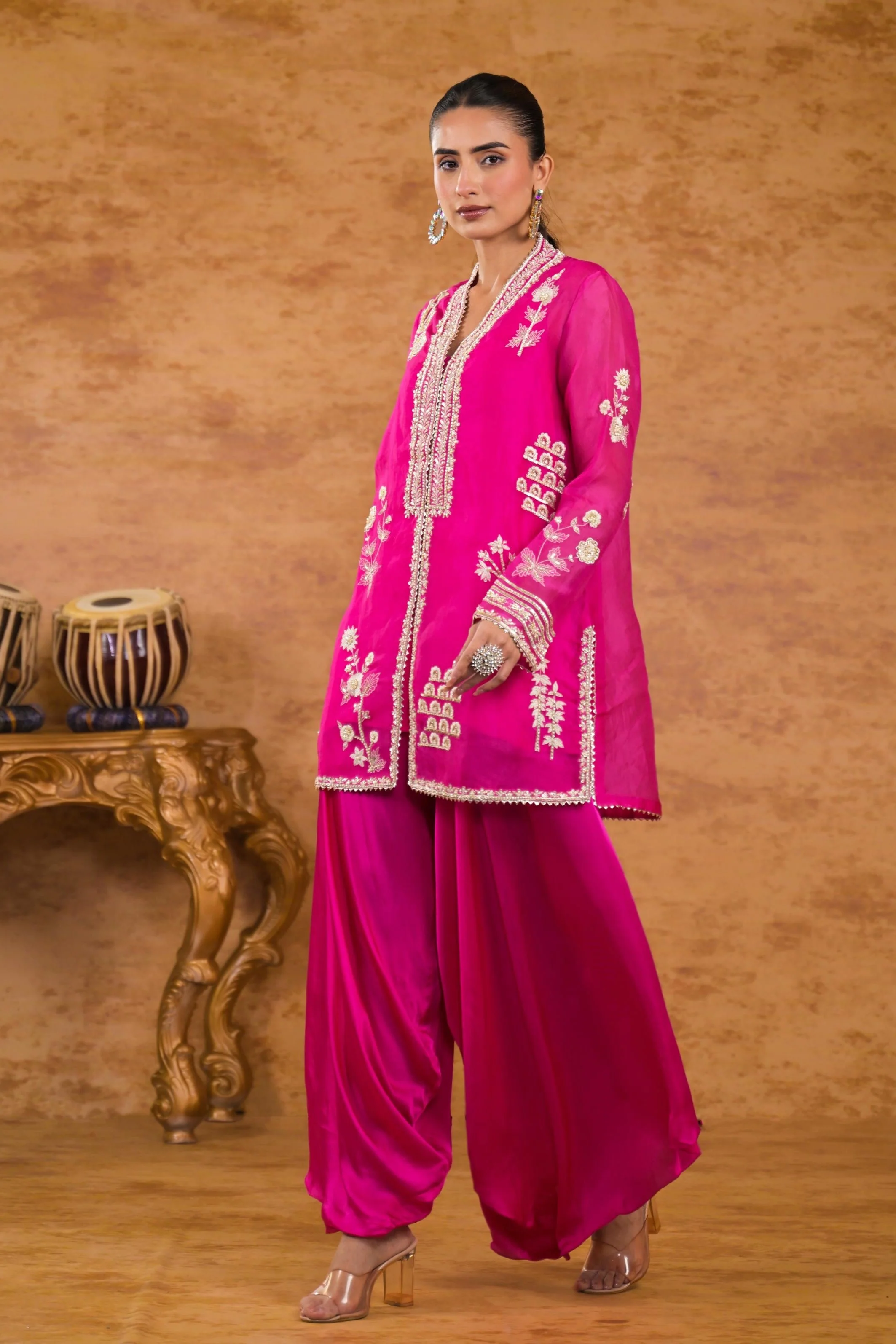 Pink Embroidered Organza Silk Kurta Set - Image 4