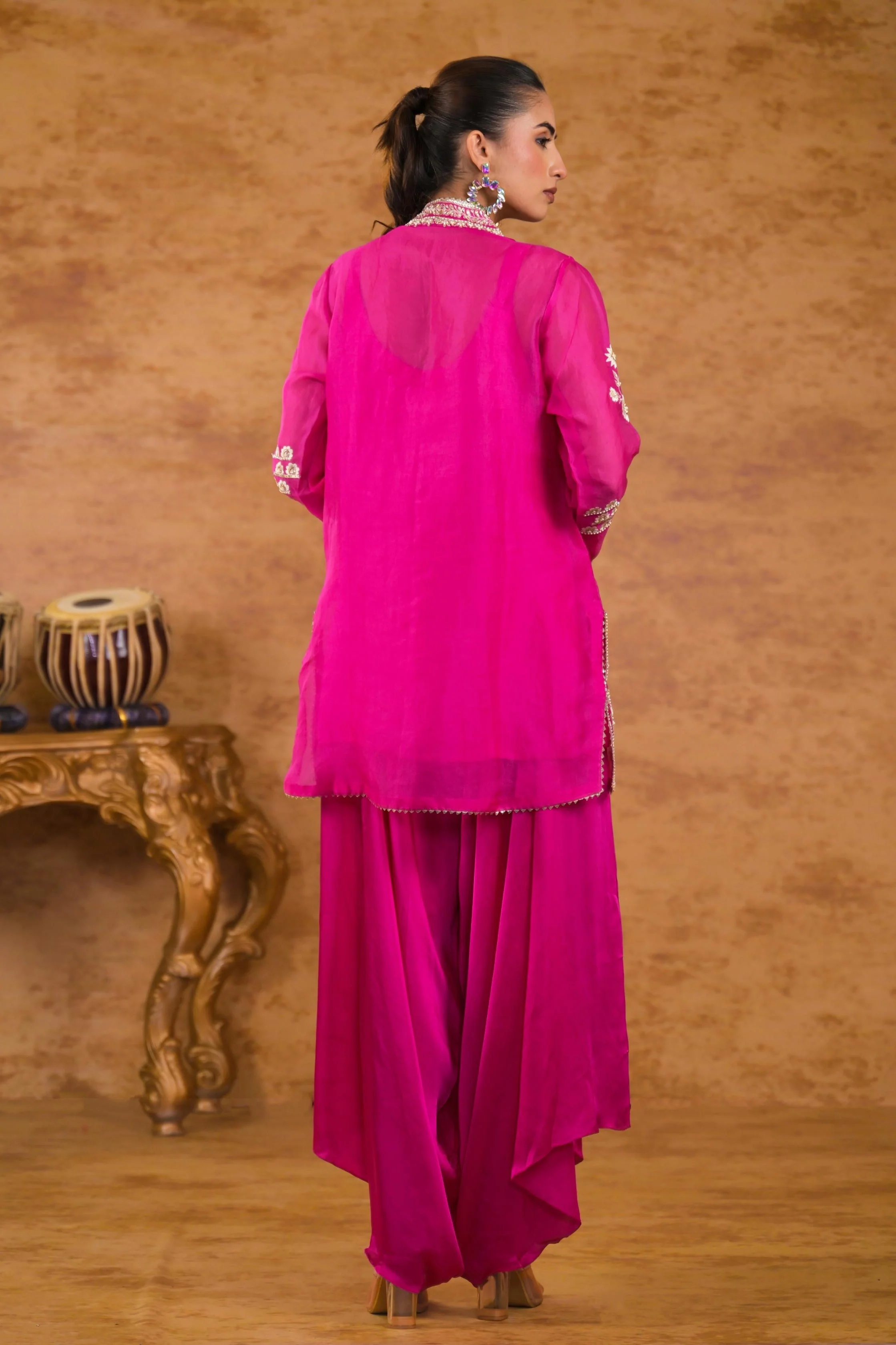 Pink Embroidered Organza Silk Kurta Set - Image 5
