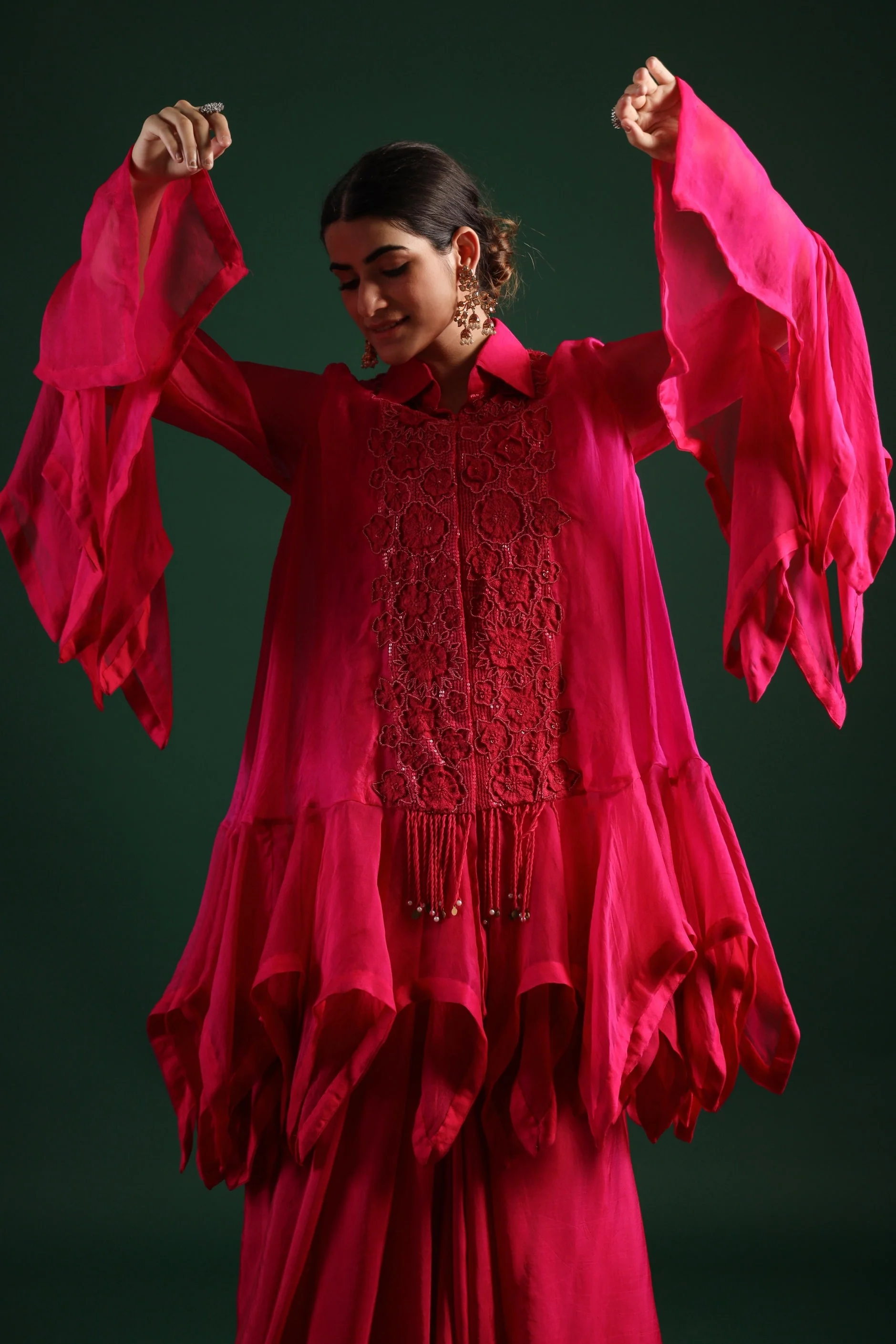 Pink Embroidered Organza Silk Skirt Set - Image 2
