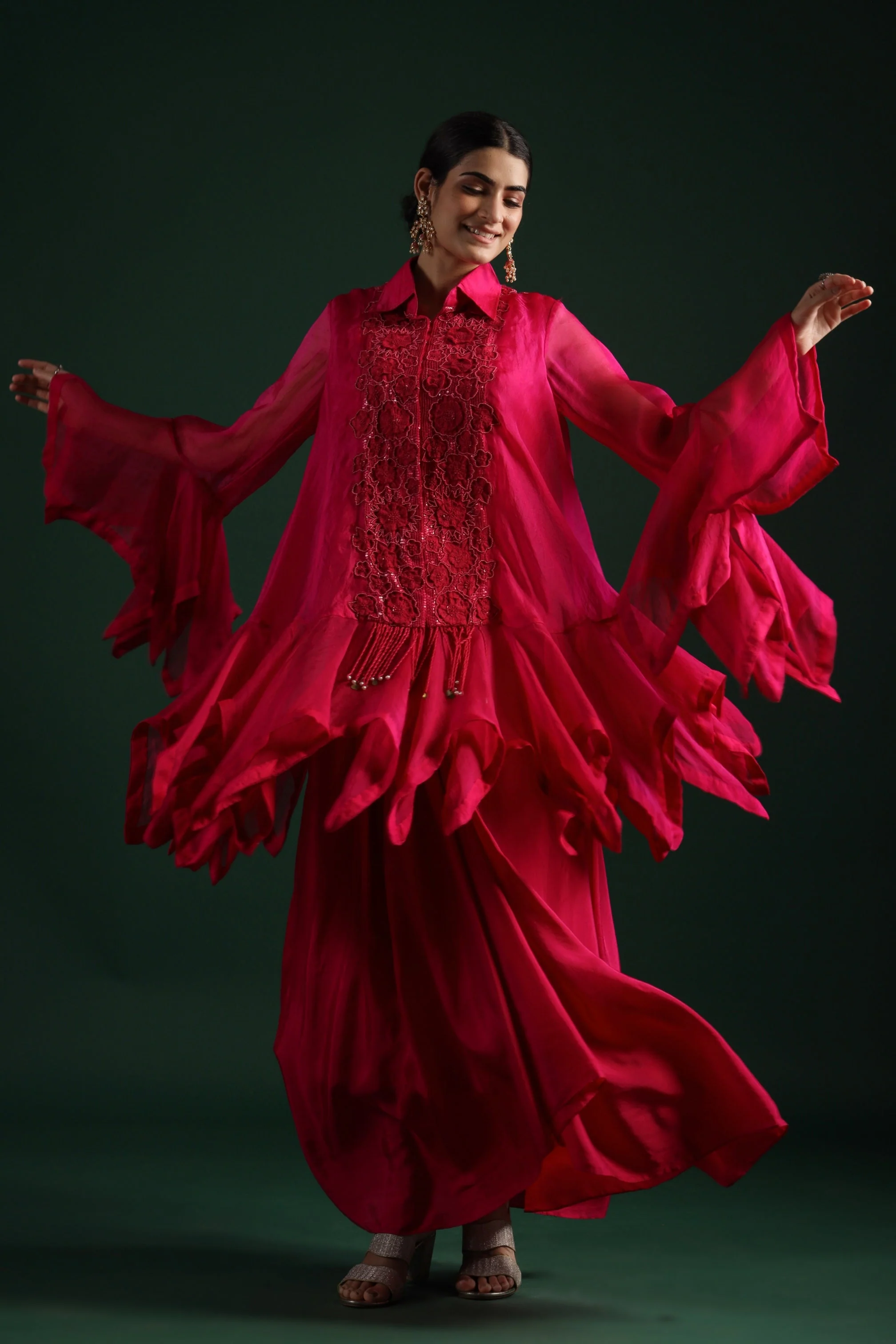 Pink Embroidered Organza Silk Skirt Set - Image 3