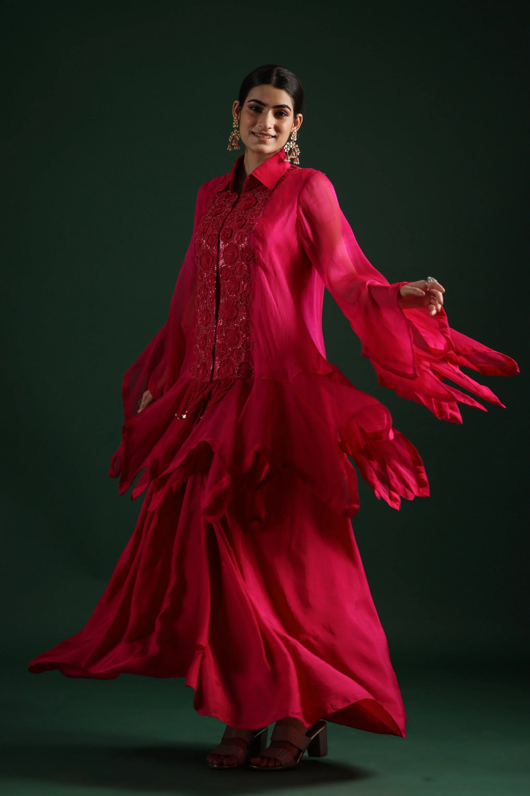 Pink Embroidered Organza Silk Skirt Set - Image 4